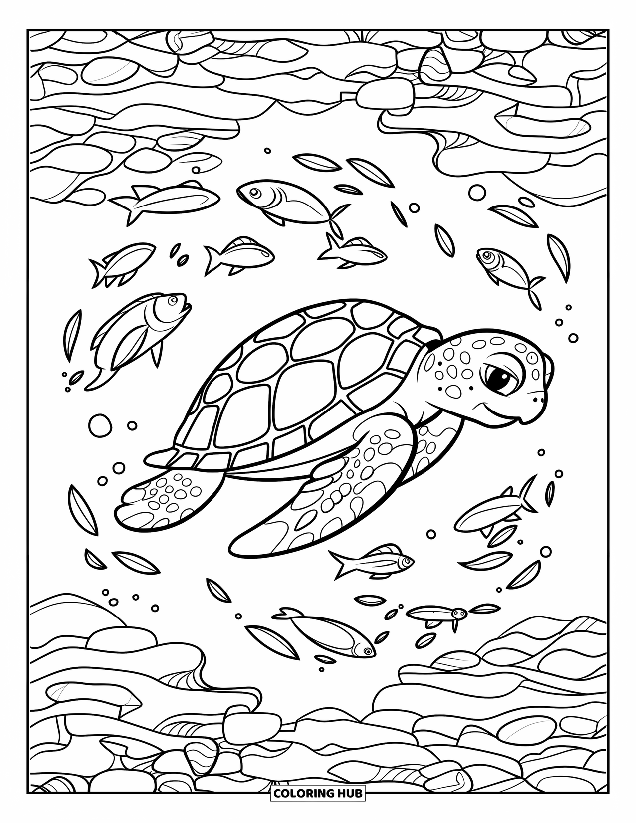 Kolorowanka ze zwierzętami oceanicznymi dla dzieci: Żółw szybuje przez ryby i koralowce z odważnymi, płynnymi liniami