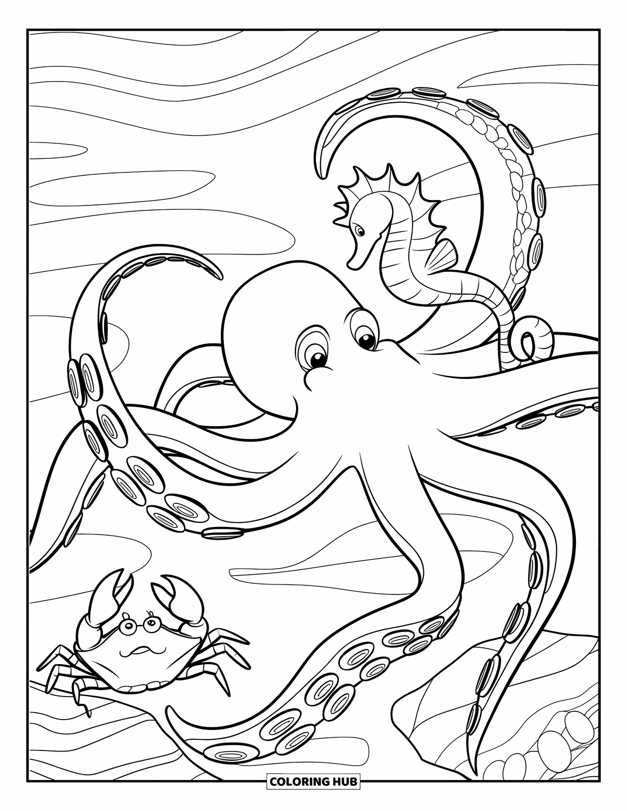 Kolorowanka ze zwierzętami oceanicznymi dla dzieci: Ośmiornica wyciąga macki, a krab i konik morski zwiedzają okolicę