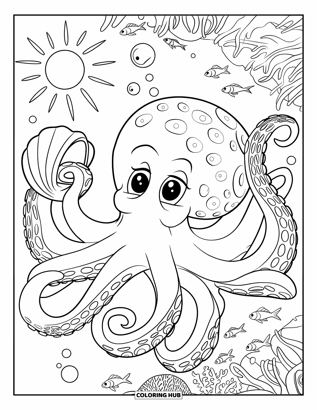 Kolorowanka ze zwierzętami oceanicznymi dla dzieci: Ośmiornica z dużymi oczami trzyma muszlę w pobliżu słonecznej rafy