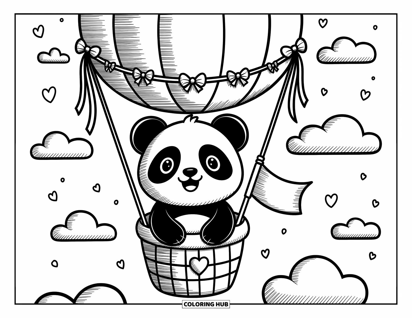 Disegno di panda da colorare per adulti: Un panda allegro galleggia in una mongolfiera decorata con fiocchi e nastri, tenendo in mano una piccola bandiera