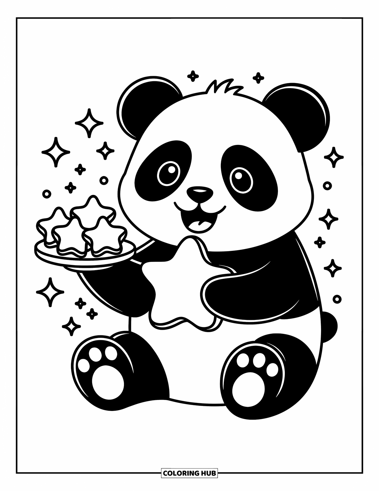 Disegno di panda da colorare per adulti: Un panda allegro abbraccia un biscotto a forma di stella, con altri dolcetti nelle vicinanze e piccoli scintillii nell'aria