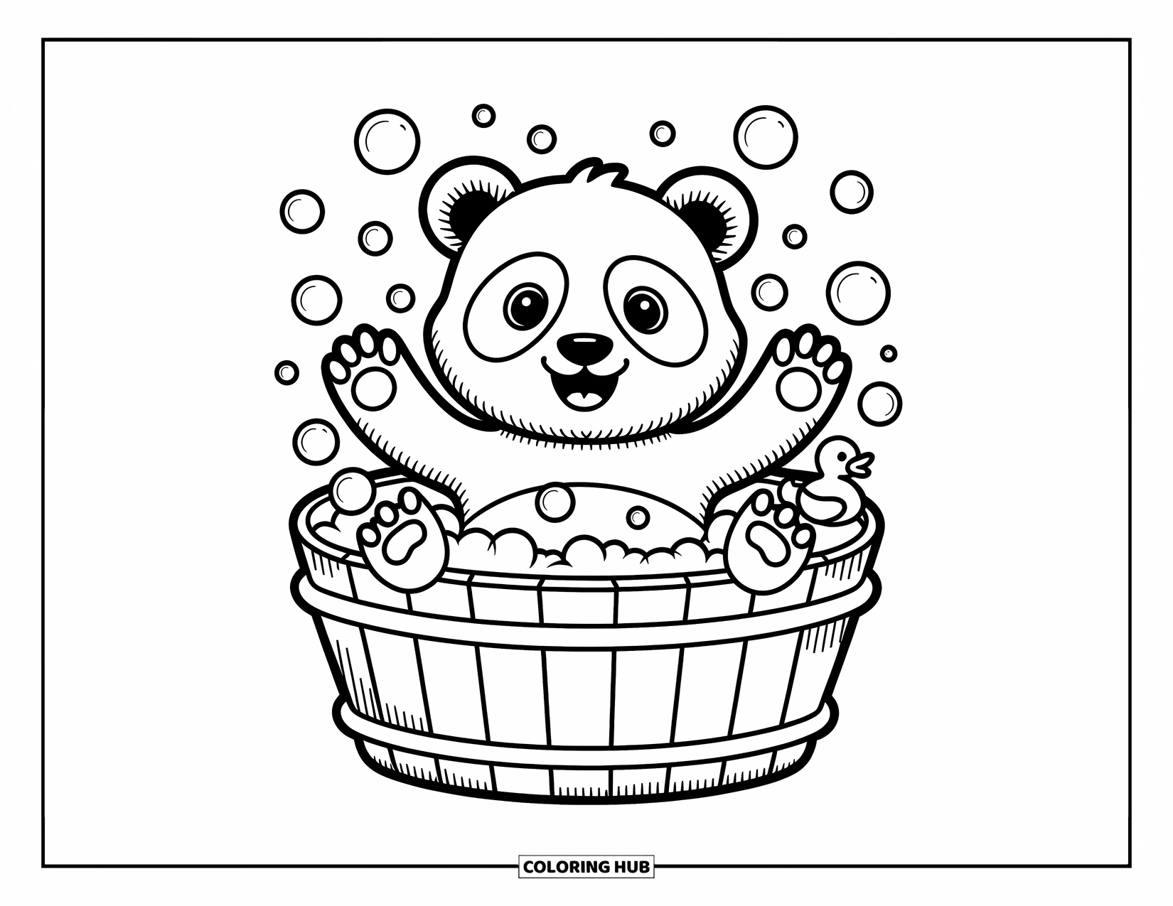 Disegno di un panda da colorare per adulti: Un panda allegro siede in una vasca di legno, giocando con le bolle mentre fluttuano intorno alla scena
