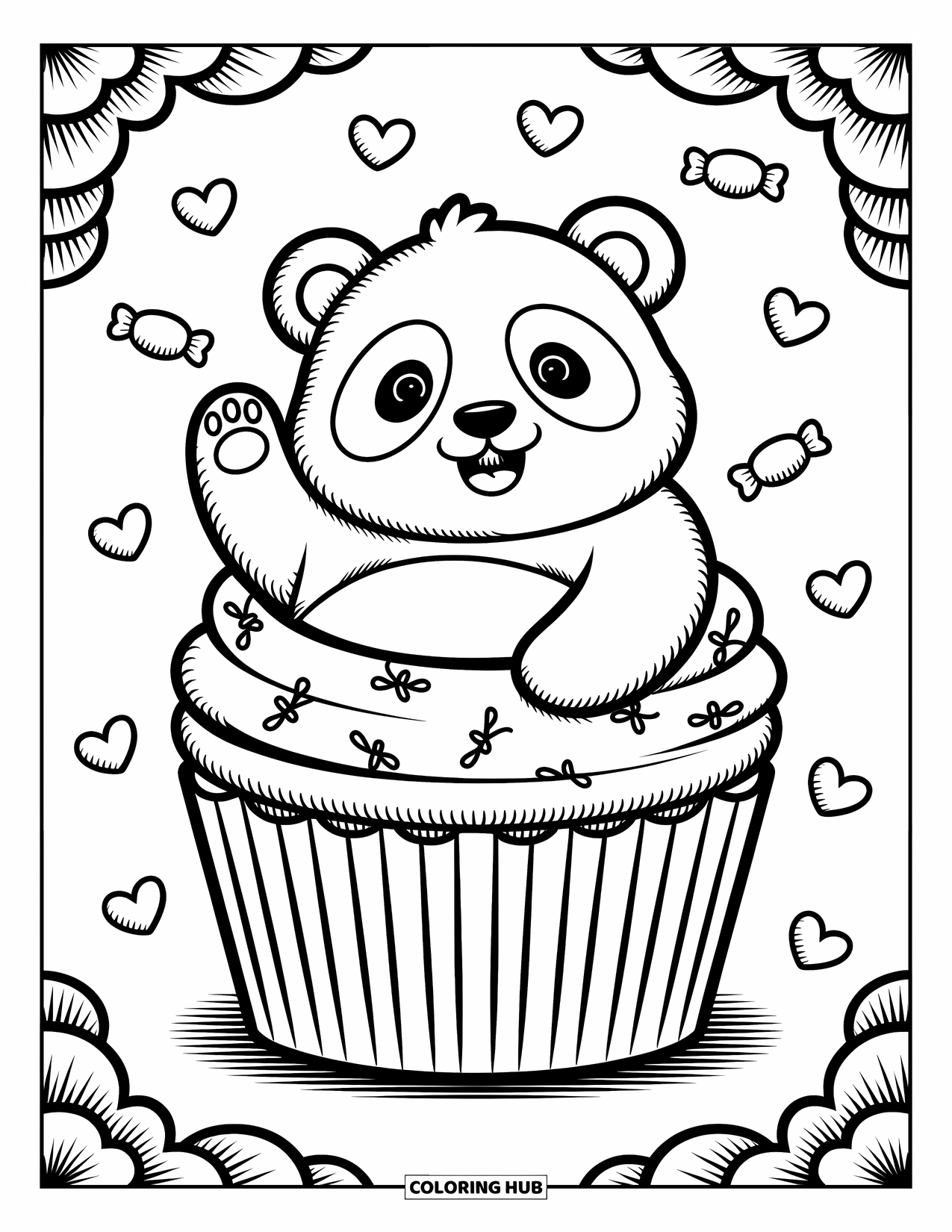 Disegno di un panda da colorare per adulti: Un panda paffuto sbircia fuori da un cupcake gigante, con cuoricini e caramelle fluttuanti intorno