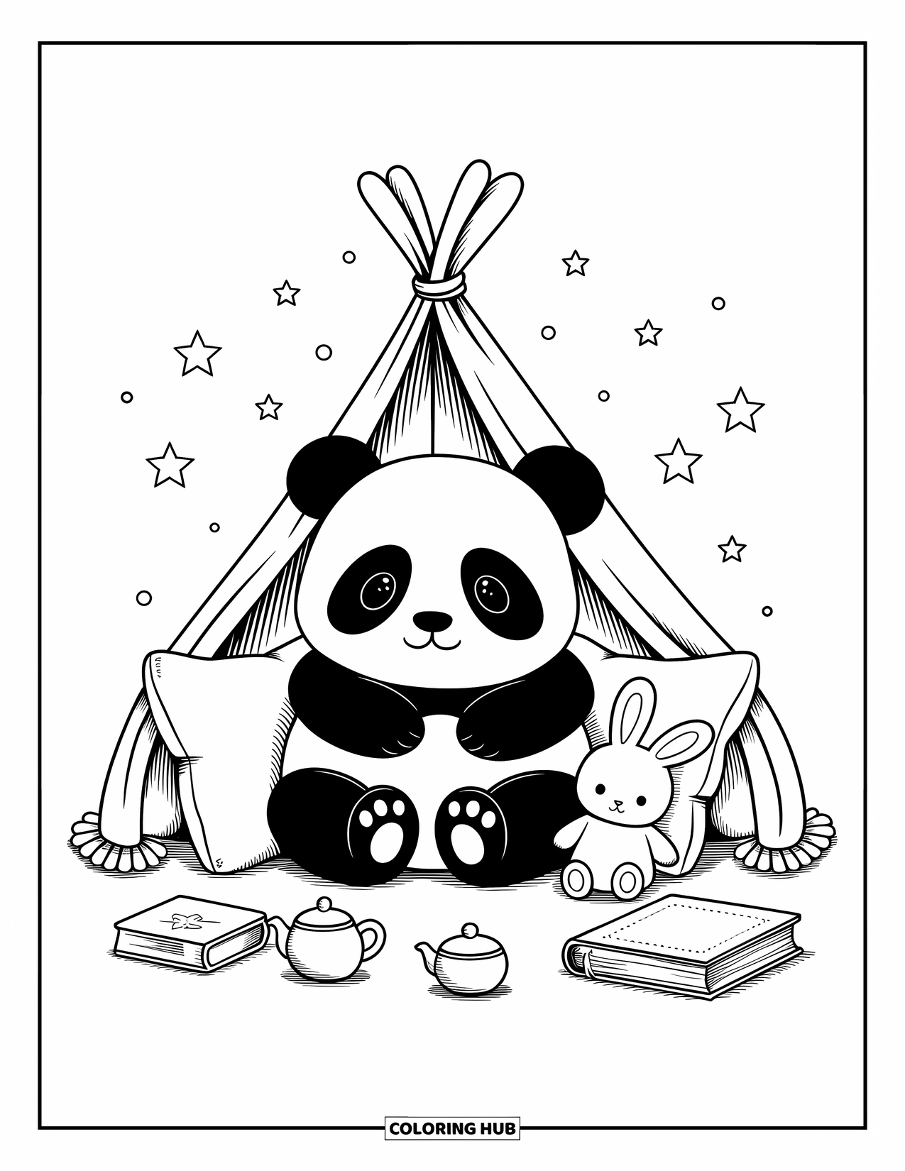 Disegno di un panda da colorare per adulti: Un panda accogliente si rannicchia all'interno di un forte di cuscini, circondato da un minuscolo coniglietto, libri e stelle fluttuanti