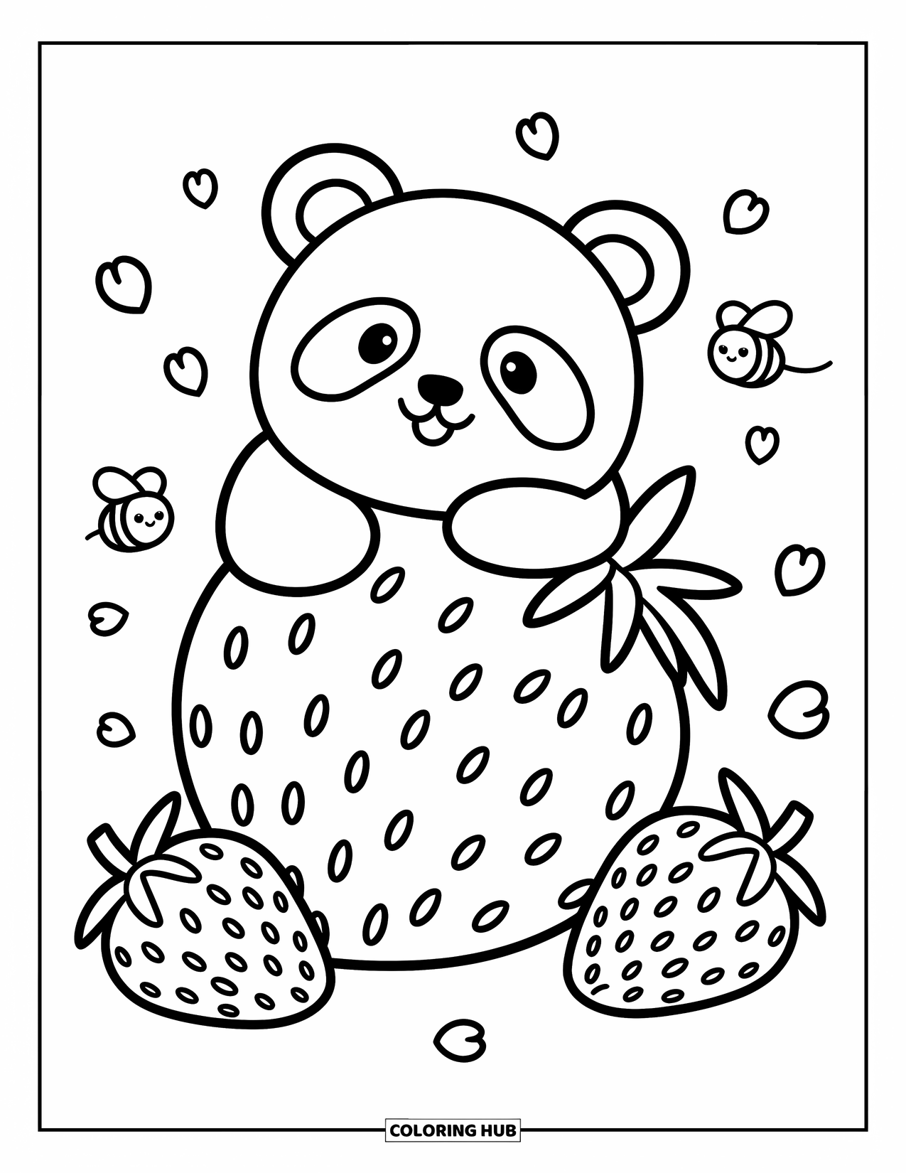 Disegno di panda da colorare per adulti: Un panda felice abbraccia una fragola gigante, appoggiando il mento sopra, circondato da piccole api e petali