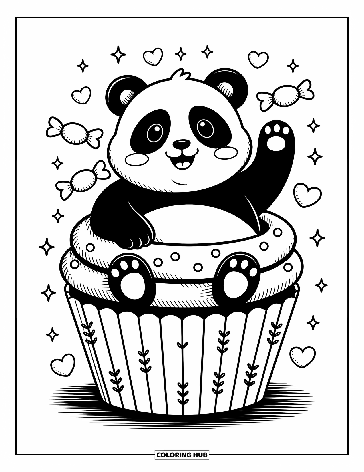 Disegno di un panda da colorare per adulti: Un panda felice sbircia sopra un cupcake gigante, con caramelle fluttuanti, cuoricini e brillantini intorno