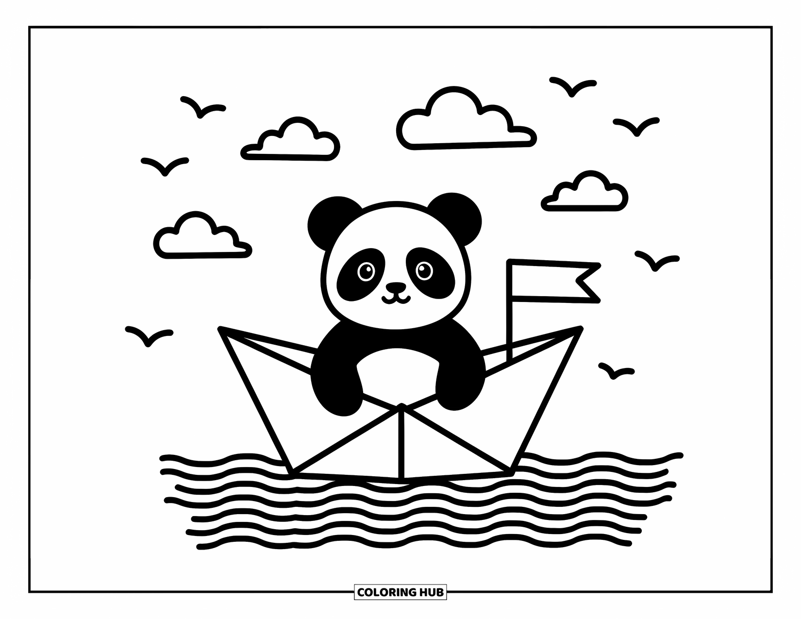 Disegno di un panda da colorare per adulti: Un piccolo panda naviga in una barca di carta, circondato da nuvole soffici, uccelli e acqua increspata delicatamente