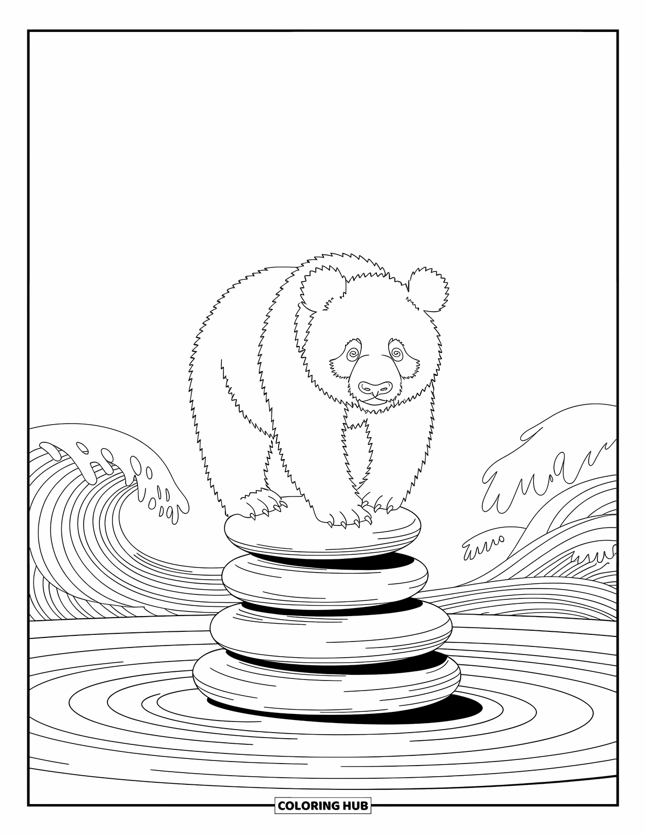 Disegno di panda da colorare per adulti: Un panda si equilibra su pietre di fiume lisce, con onde delicate e motivi intricati intorno