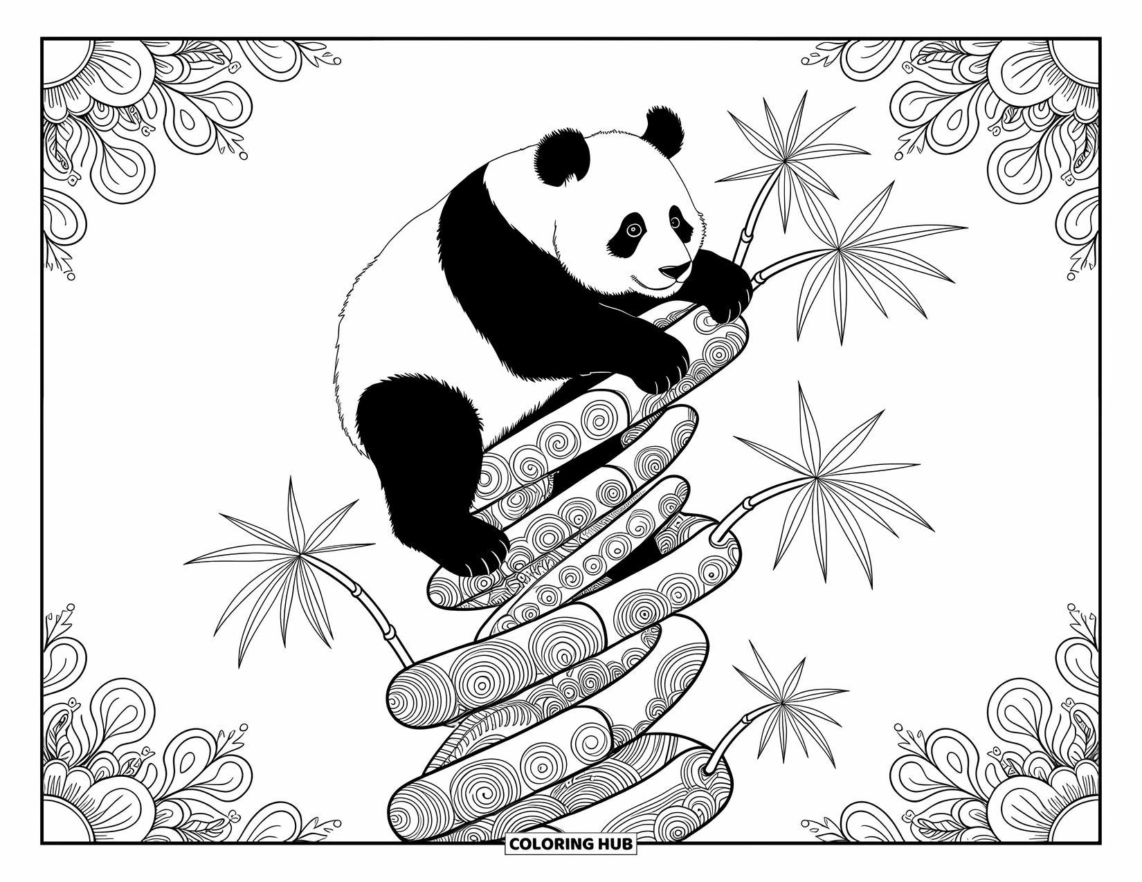 Disegno di panda da colorare per adulti: Un panda si arrampica su uno stelo di bambù a spirale, ogni segmento scolpito con intricati disegni vorticosi