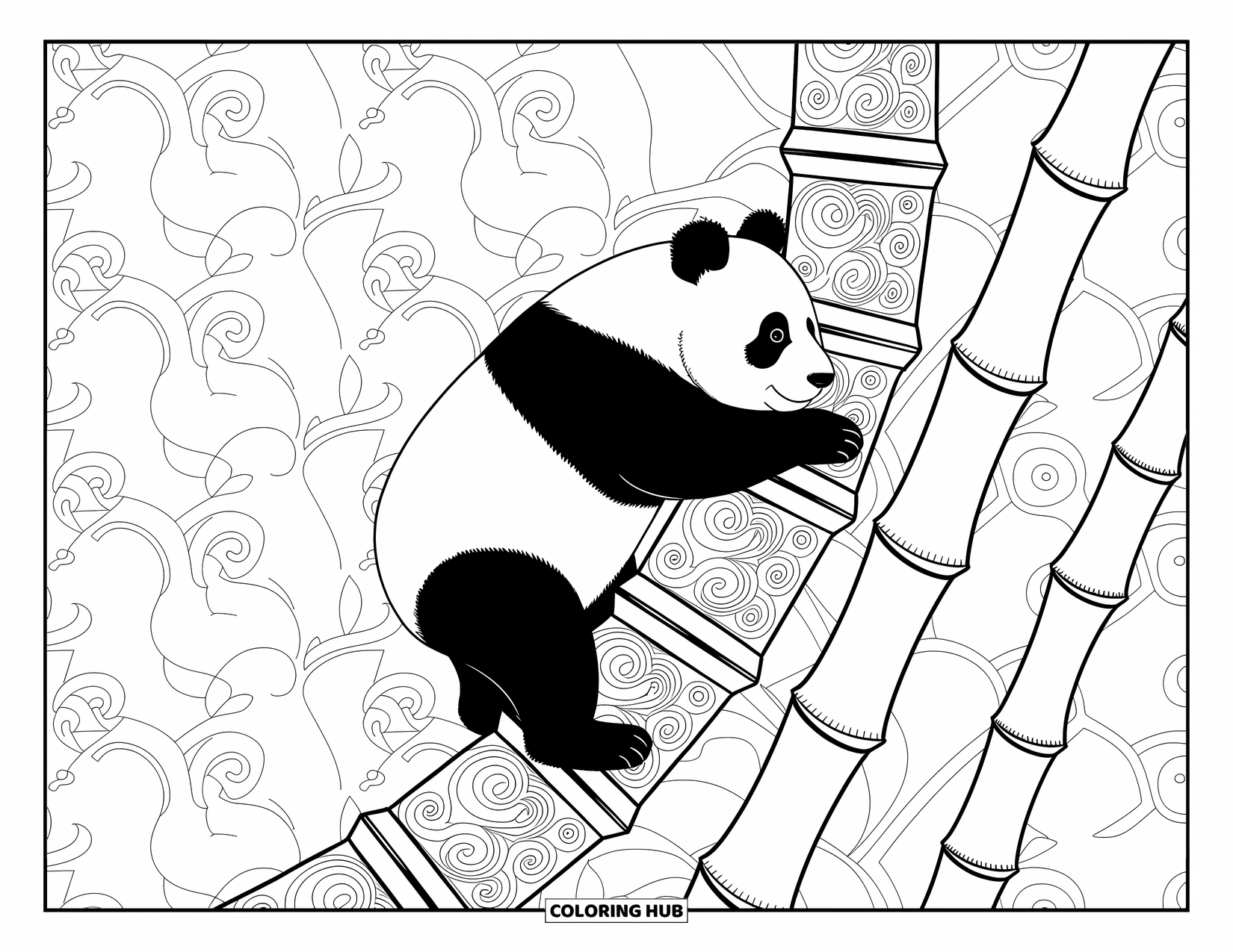 Disegno di panda da colorare per adulti: Un panda si aggrappa a una spirale di bambù torreggiante, circondato da delicate viti e motivi floreali