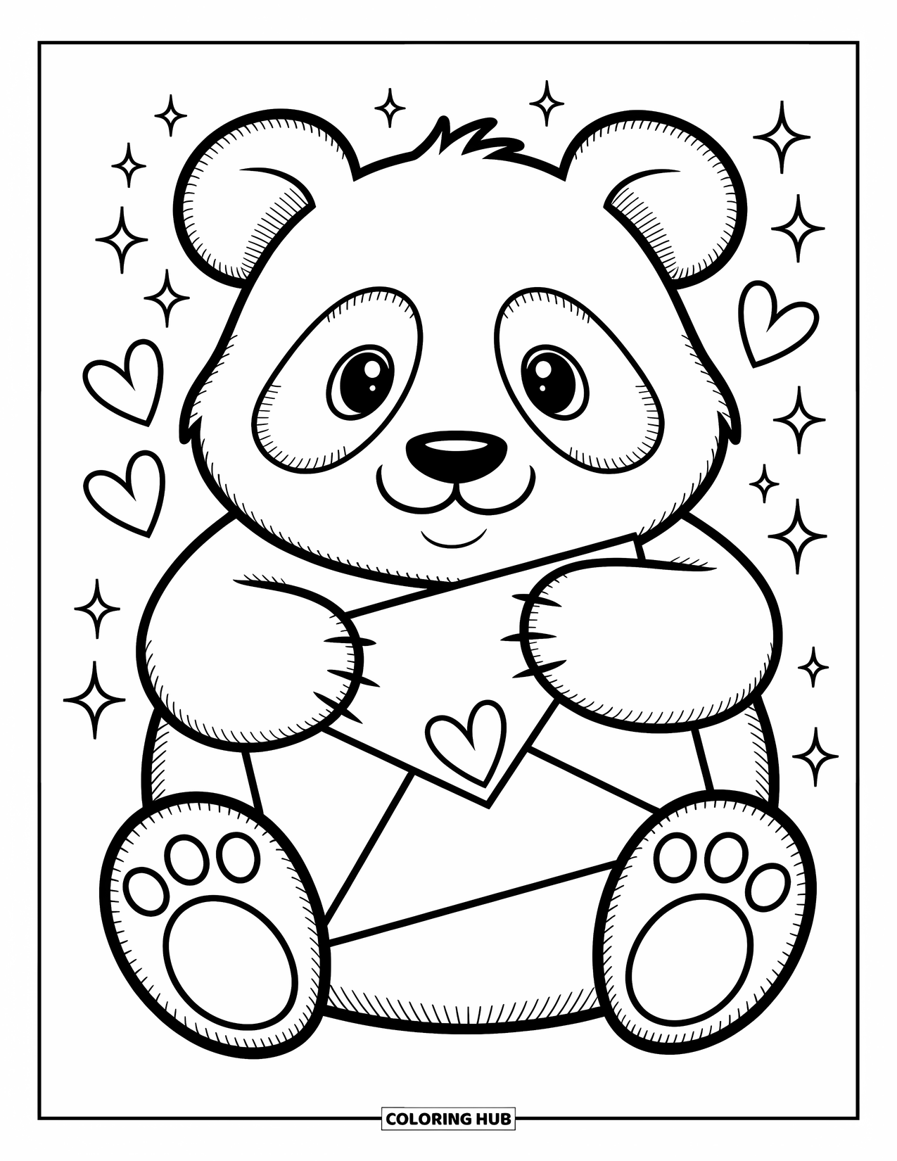 Disegno di panda da colorare per adulti: Un panda stringe una grande busta con un francobollo a forma di cuore, mentre cuori di carta e scintillii danzano intorno