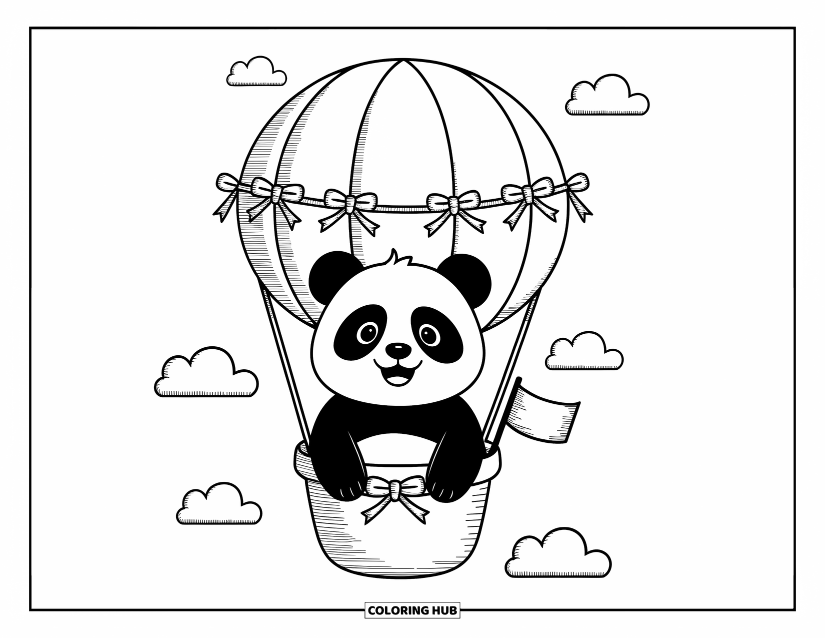 Disegno di un panda da colorare per adulti: Un panda stringe una minuscola bandiera mentre galleggia in un palloncino adornato con fiocchi e circondato da nuvole