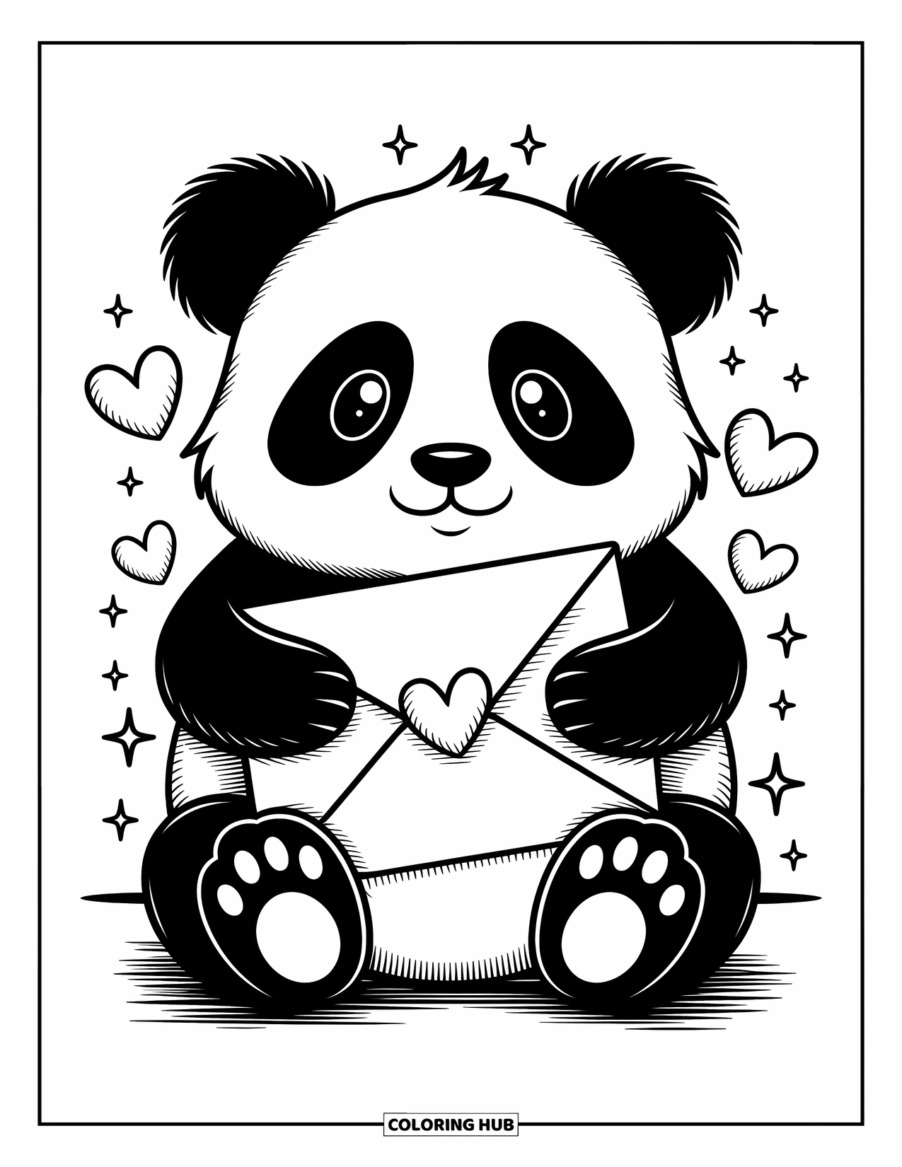 Disegno di panda da colorare per adulti: Un panda stringe una busta con un piccolo francobollo a forma di cuore, mentre cuori di carta e scintillii fluttuano nelle vicinanze