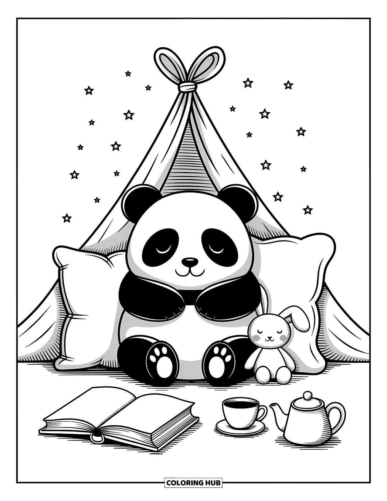Disegno di un panda da colorare per adulti: Un panda si raggomitola in un accogliente forte di cuscini, con un minuscolo coniglietto, libri e stelle fluttuanti nelle vicinanze