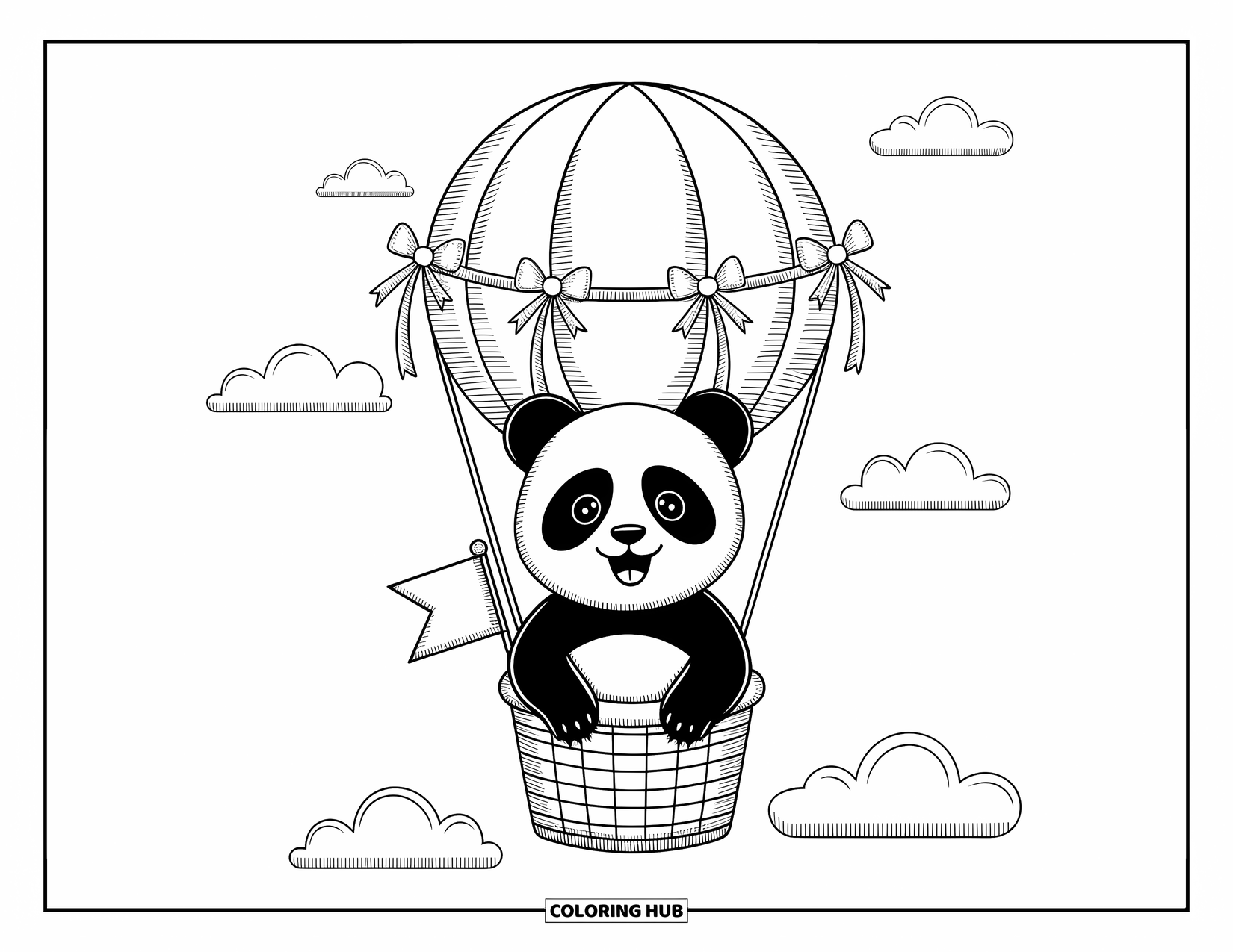 Disegno di un panda da colorare per adulti: Un panda si gode un giro accogliente in una mongolfiera, fluttuando tra nuvole soffici con una minuscola bandiera