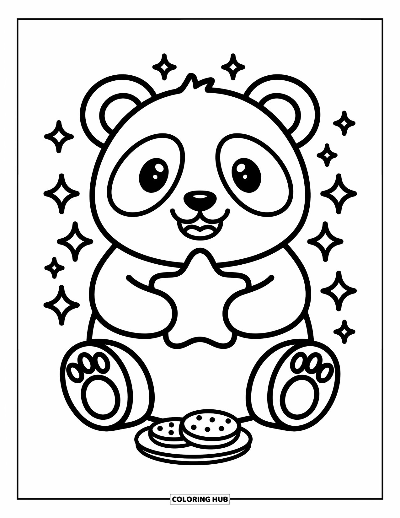 Disegno di un panda da colorare per adulti: Un panda si gode un dolce momento, tenendo in mano un grande biscotto mentre minuscoli brillantini fluttuano intorno