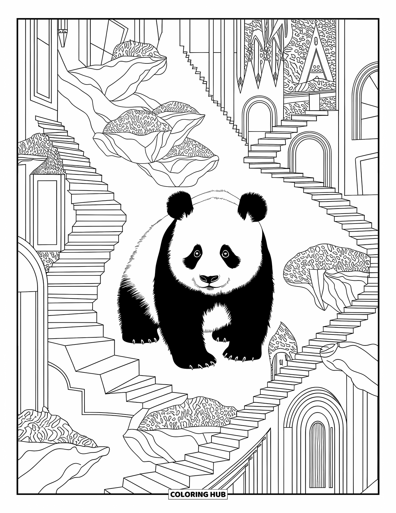 Disegno di panda da colorare per adulti: Un panda esplora un mondo surreale di isole galleggianti, scale tortuose e porte segrete