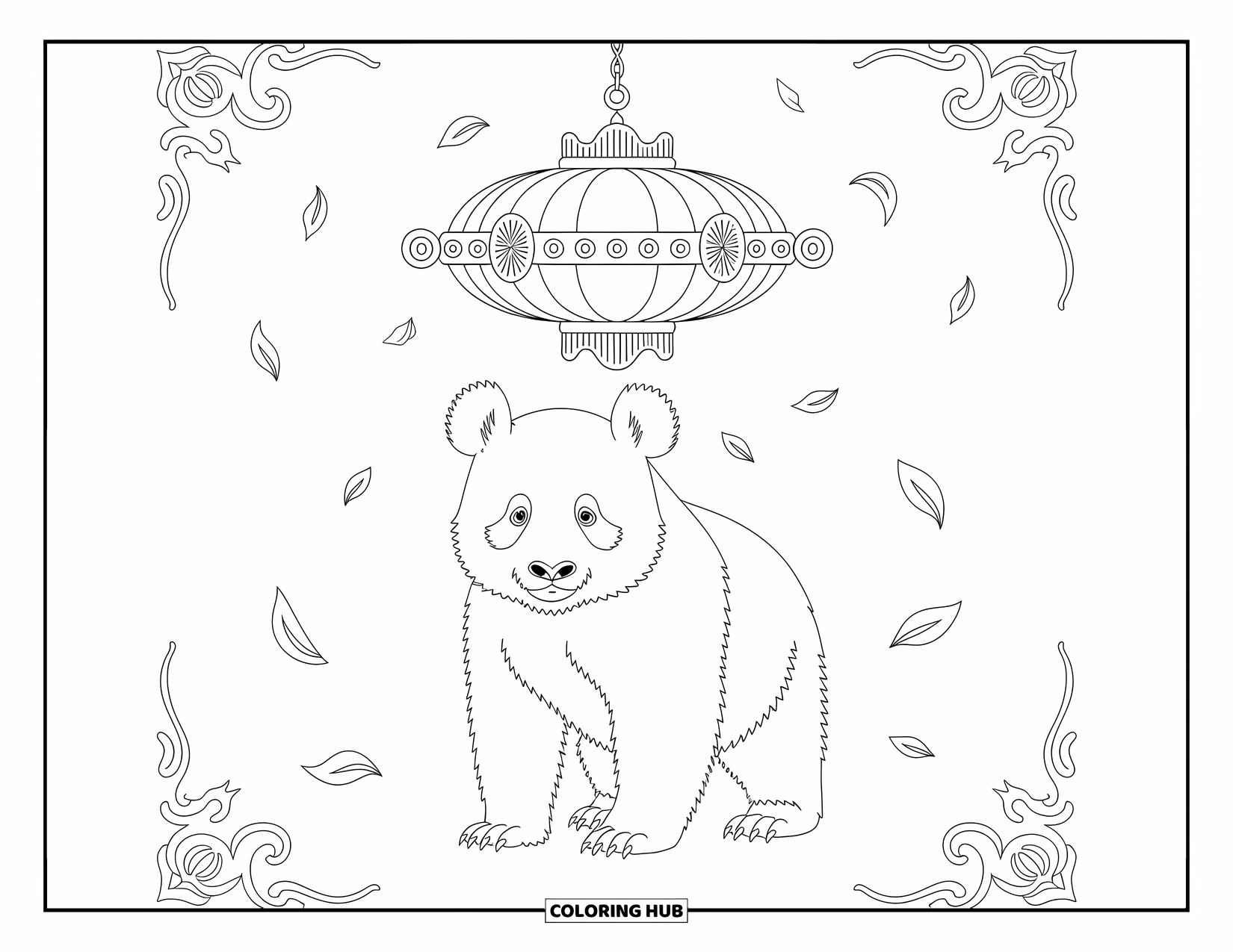 Disegno di panda da colorare per adulti: Un panda guarda in alto una lanterna sospesa dettagliata, con petali che fluttuano delicatamente intorno alla scena