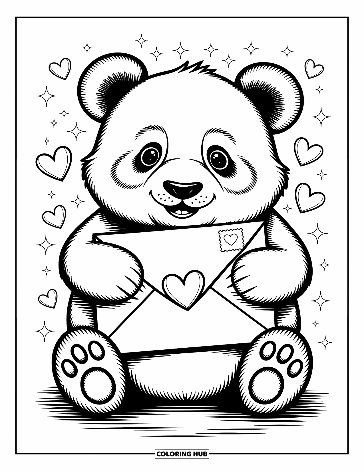 Disegno di un panda da colorare per adulti: Un panda abbraccia una grande busta con un francobollo a forma di cuore, circondato da cuori e brillantini fluttuanti