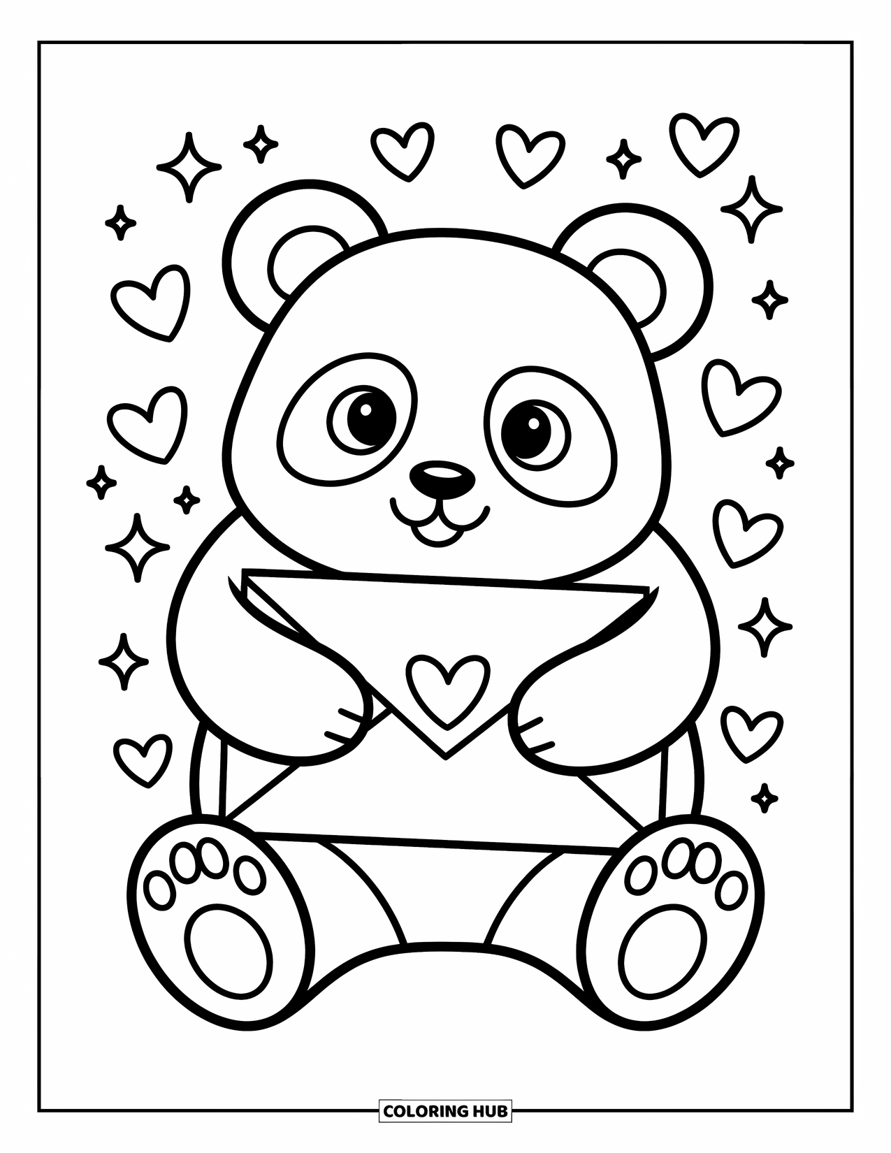 Disegno di un panda da colorare per adulti: Un panda abbraccia una grande busta con un francobollo a forma di cuore, circondato da cuori e brillantini fluttuanti