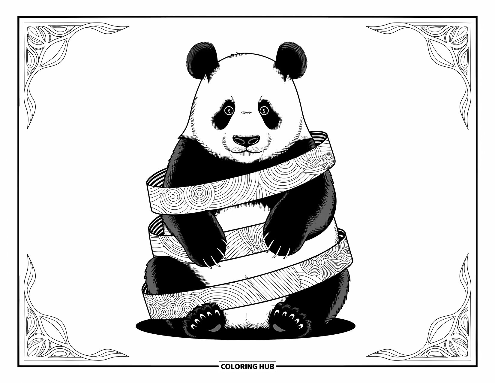 Disegno di panda da colorare per adulti: Un panda è avvolto da intricati nastri geometrici, con delicati disegni che aggiungono un senso di armonia