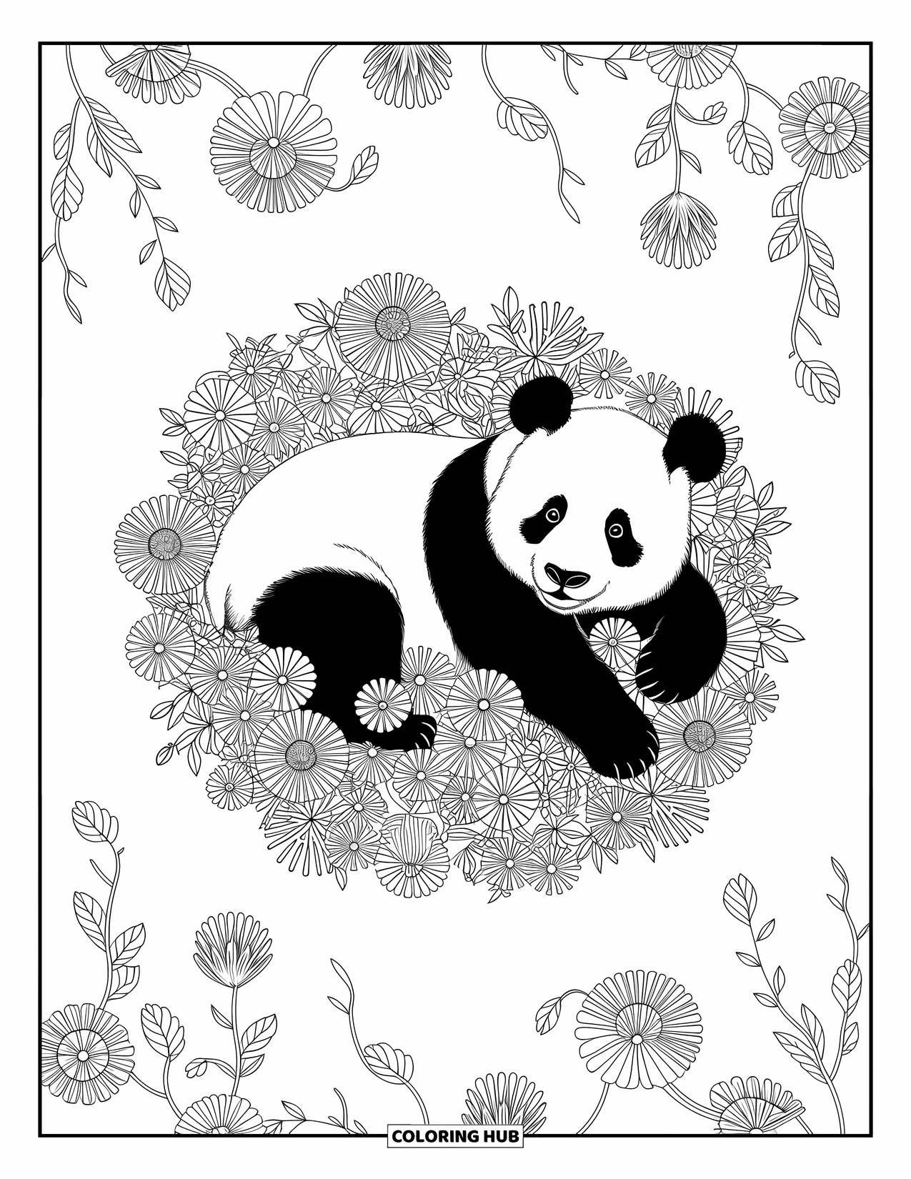 Disegno di panda da colorare per adulti: Un panda è immerso in un elaborato groviglio di fiori e viti in una scena pacifica