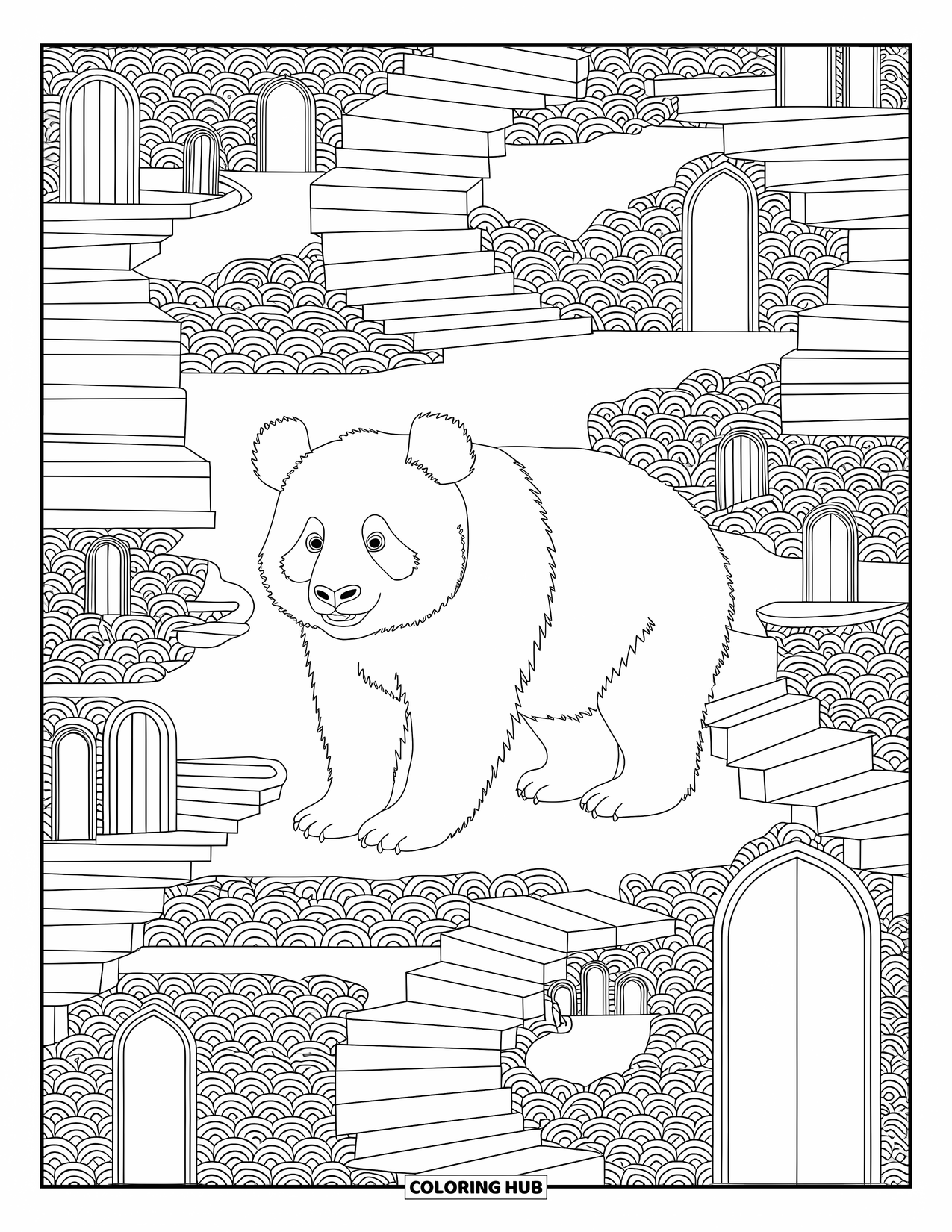 Disegno di panda da colorare per adulti: Un panda è circondato da isole galleggianti, scale stravaganti e intricati motivi onirici