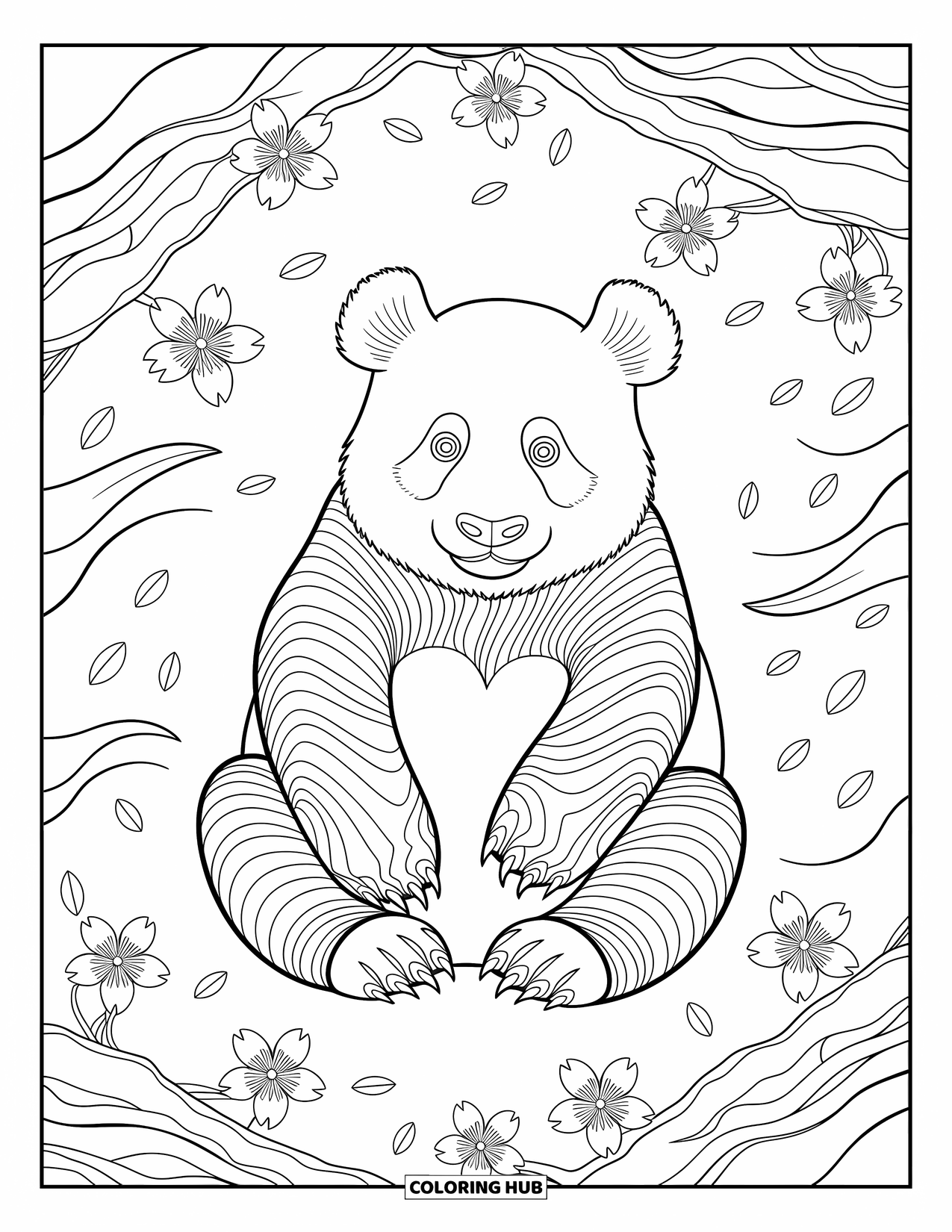 Disegno di panda da colorare per adulti: Un panda è circondato da motivi di vento vorticosi e fiori di ciliegio che cadono in una scena tranquilla
