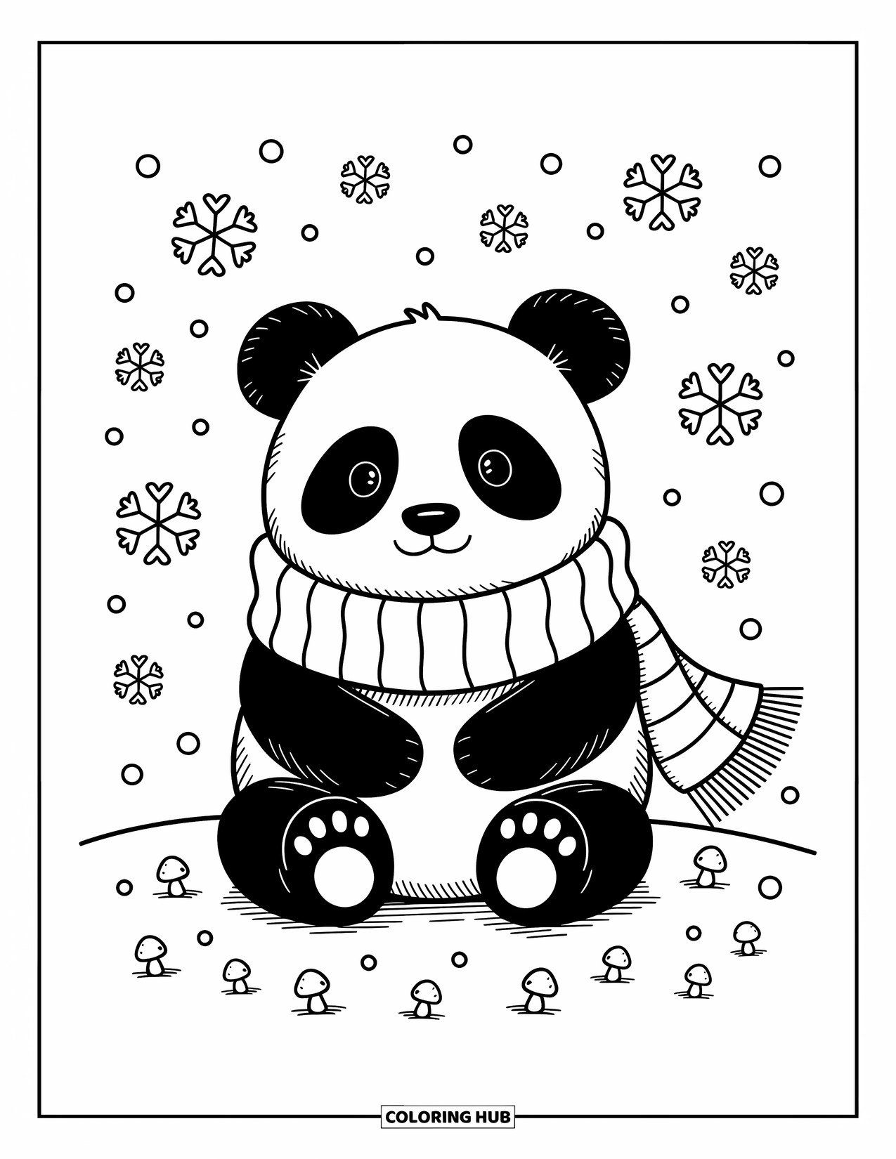 Disegno di un panda da colorare per adulti: Un panda è avvolto comodamente in una spessa sciarpa, con minuscoli fiocchi di neve che aggiungono un fascino invernale