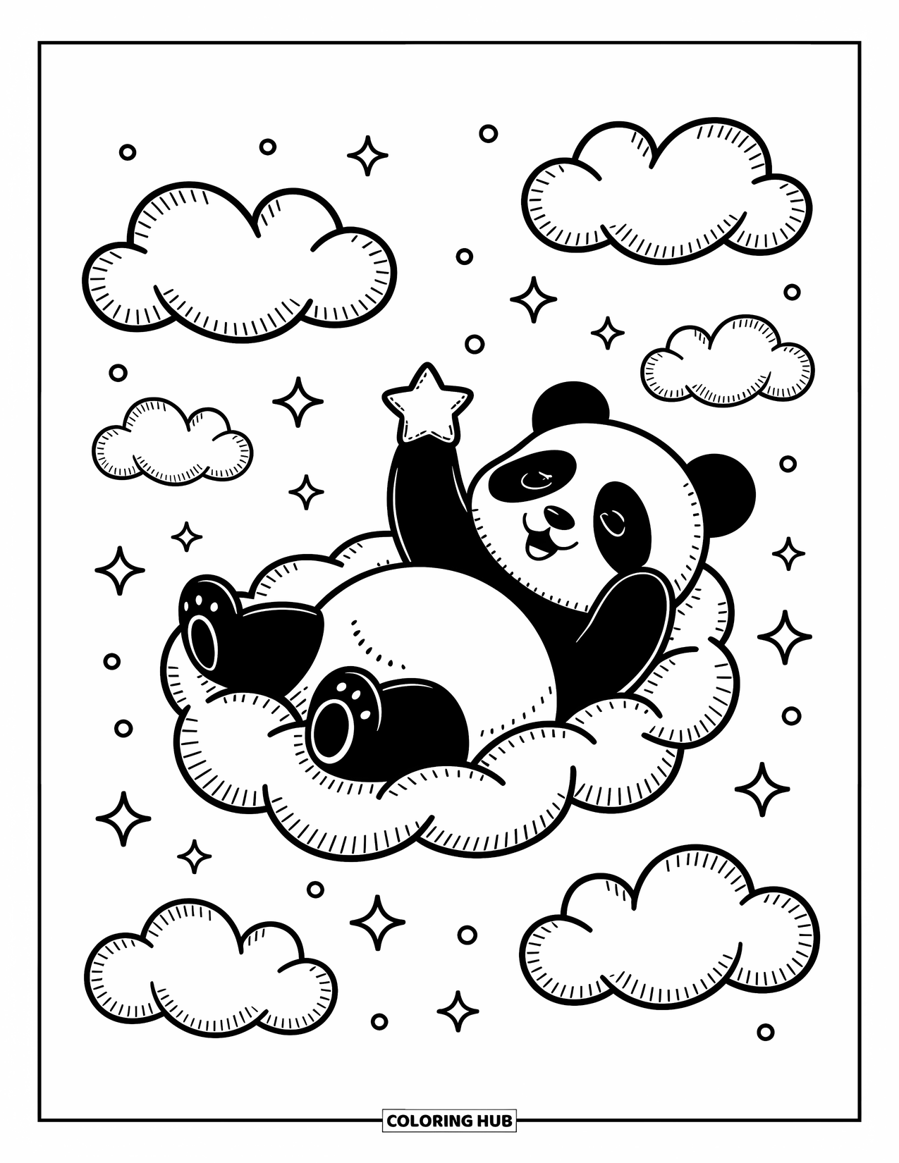 Disegno di un panda da colorare per adulti: Un panda si rilassa su una nuvola soffice, tenendo delicatamente in mano una minuscola stella mentre brillantini fluttuano intorno
