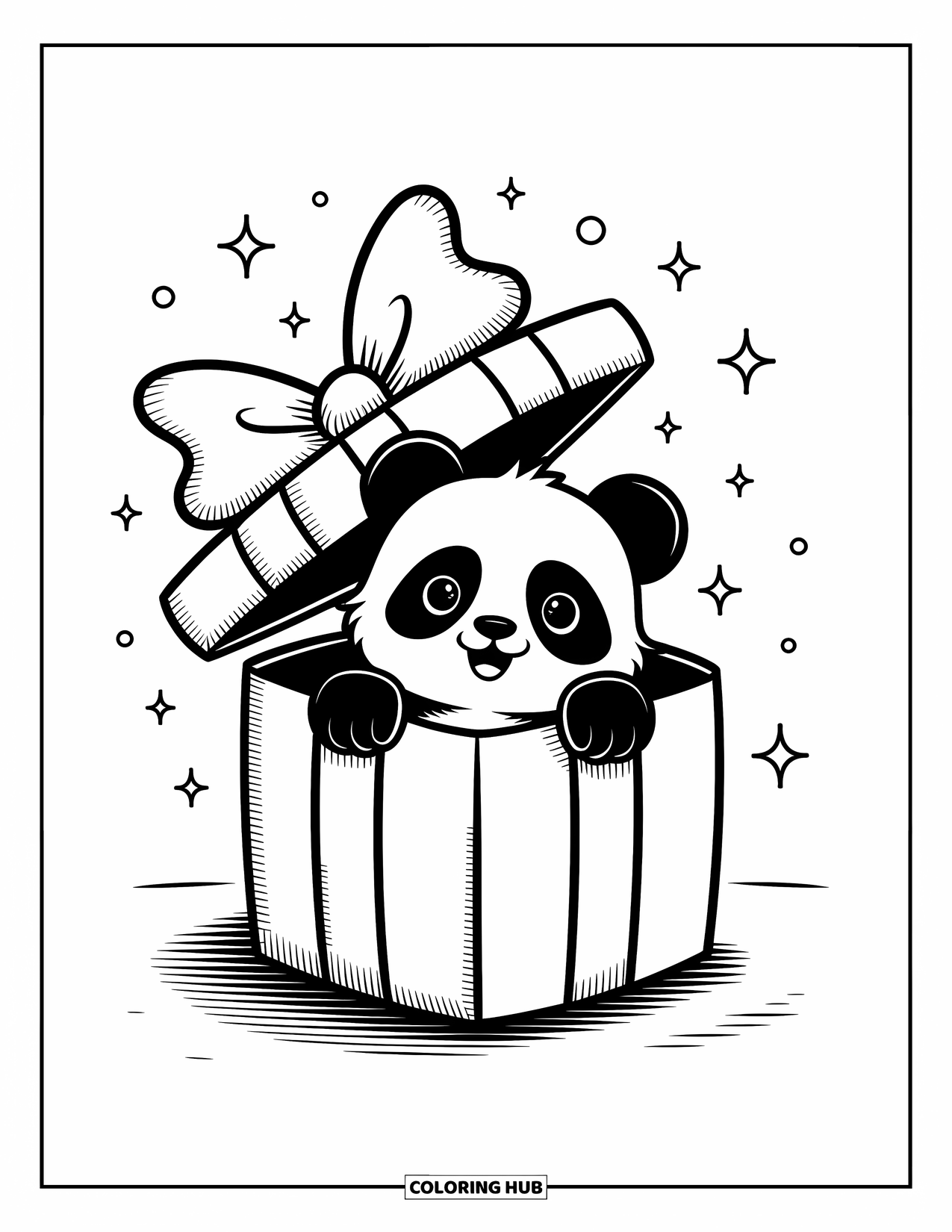 Disegno di un panda da colorare per adulti: Un panda sbircia giocosamente fuori da una confezione regalo, con coriandoli e brillantini che riempiono l'aria