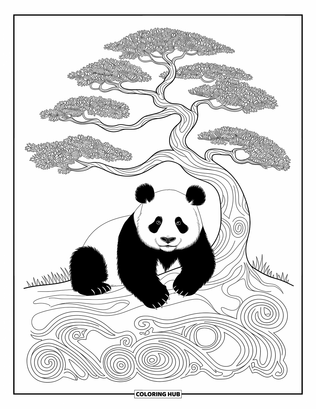 Disegno di panda da colorare per adulti: Un panda si rilassa sotto un bonsai, incorniciato da eleganti viti e dettagli decorativi vorticosi