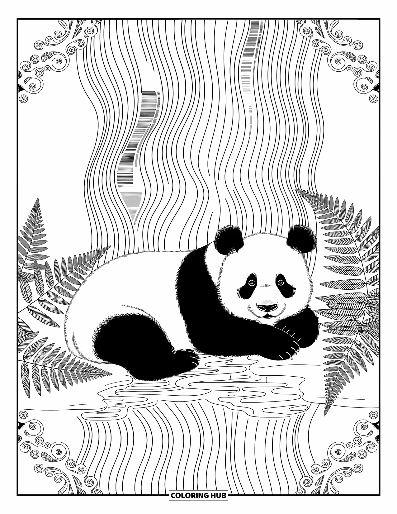 Disegno di panda da colorare per adulti: Un panda si rilassa sotto una cascata, con felci dettagliate e motivi d'acqua che creano una scena serena