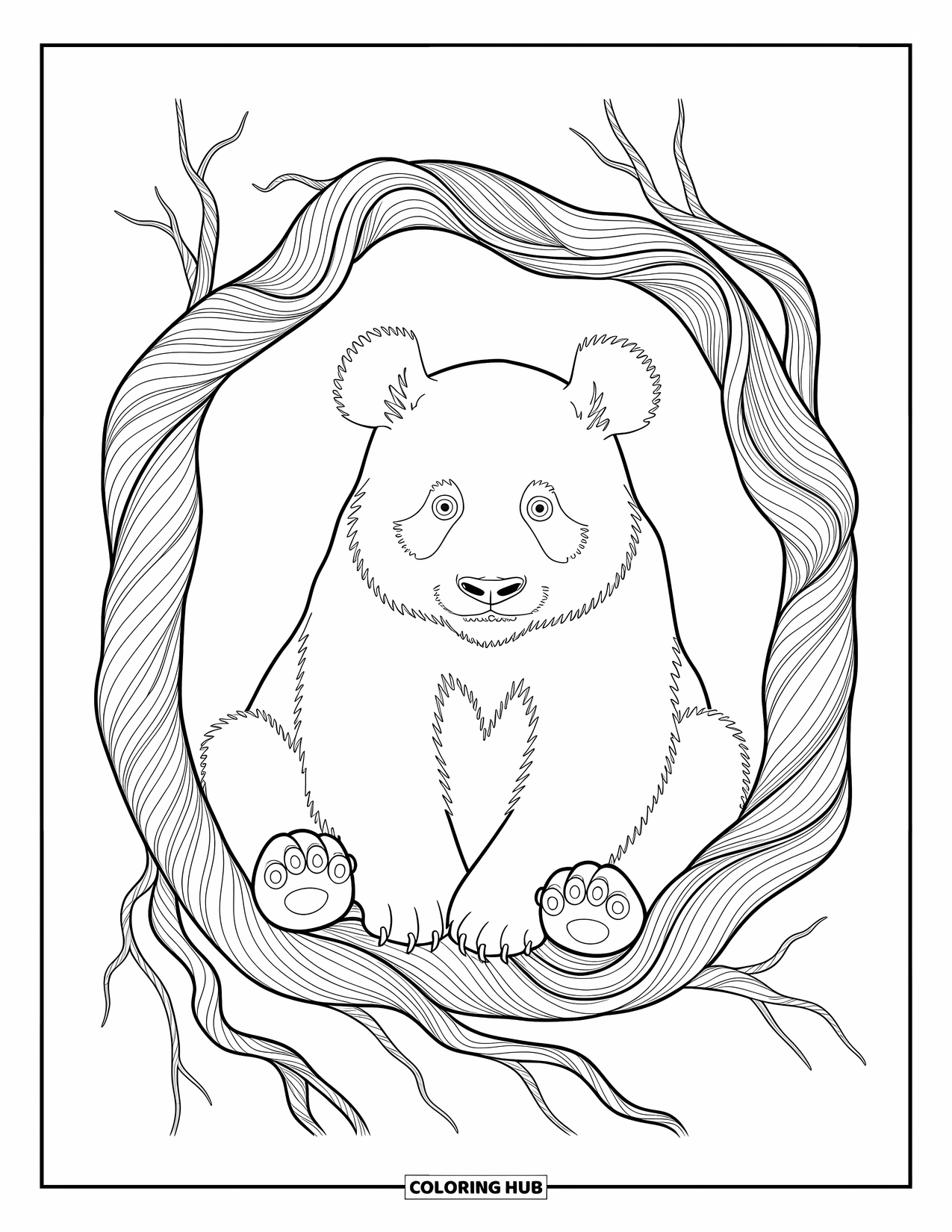 Disegno di panda da colorare per adulti: Un panda riposa tra radici di alberi intrecciate, incorniciato da delicati motivi e dettagli artistici