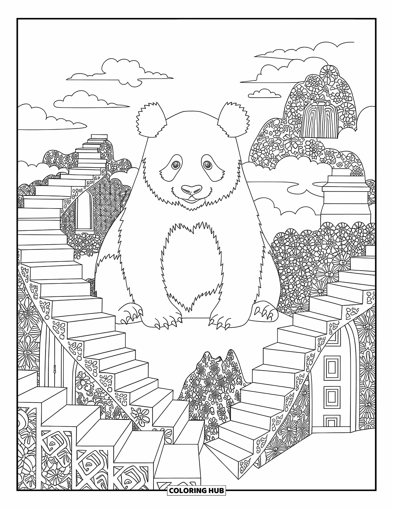 Disegno di panda da colorare per adulti: Un panda riposa tra scale tortuose e isole galleggianti, in una scena piena di dettagli nascosti