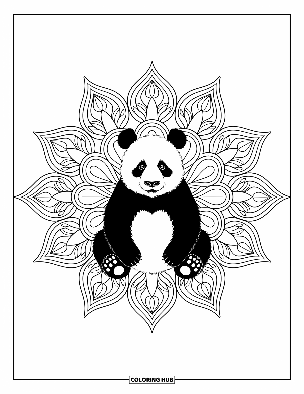 Disegno di panda da colorare per adulti: Un panda riposa sotto un bonsai dettagliato, con rami contorti che creano una scena pacifica e intricata