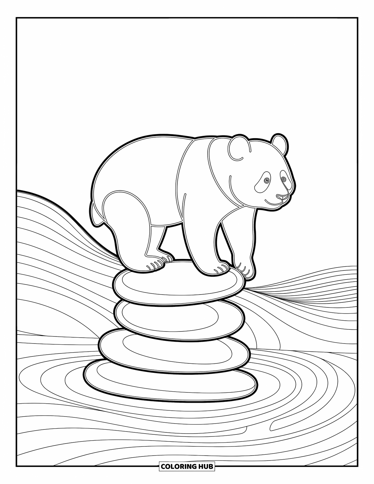 Disegno di panda da colorare per adulti: Un panda riposa su una pila di pietre, con onde delicate che creano un'atmosfera tranquilla e rilassante
