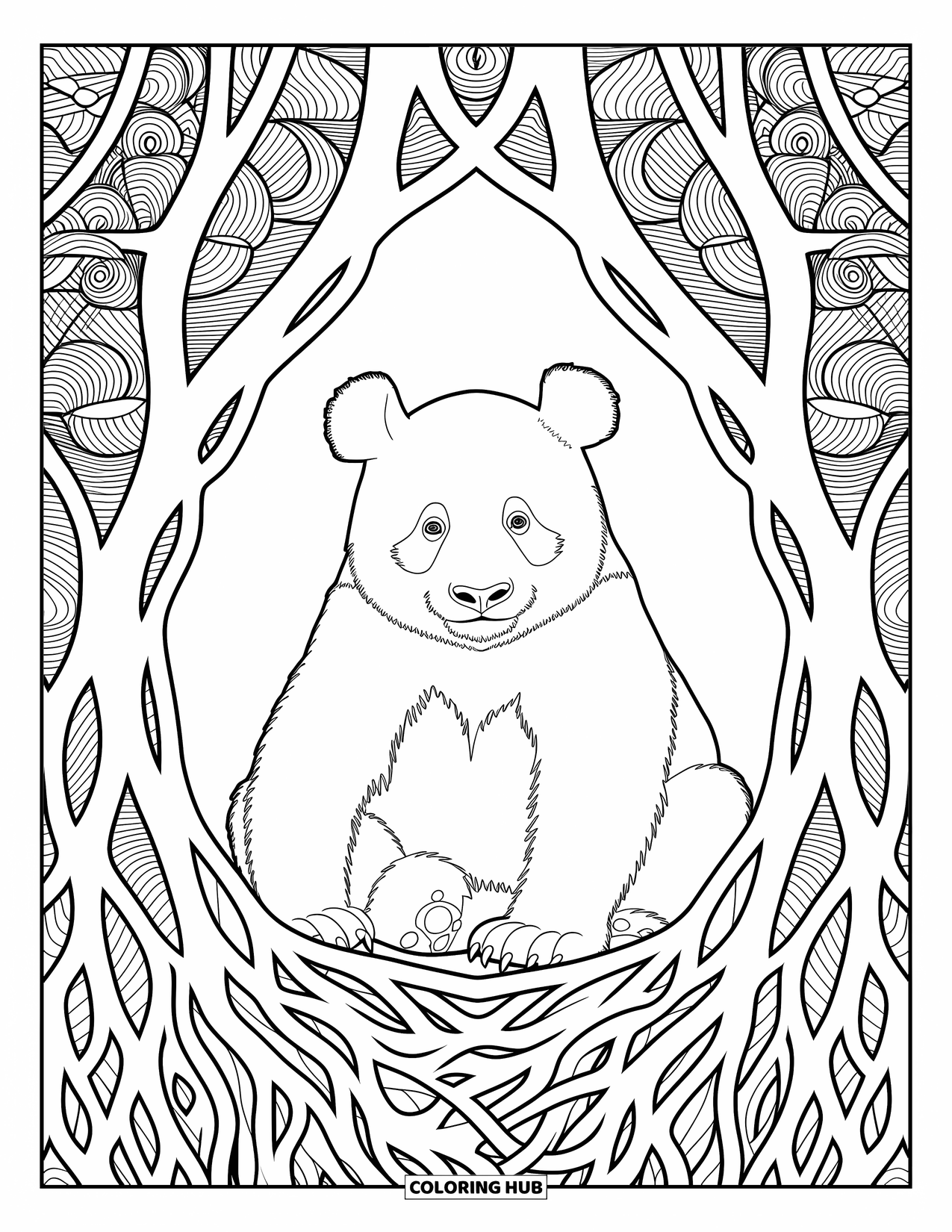 Disegno di panda da colorare per adulti: Un panda riposa all'interno di una complessa cornice di radici di alberi intrecciate, circondato da eleganti motivi vorticosi