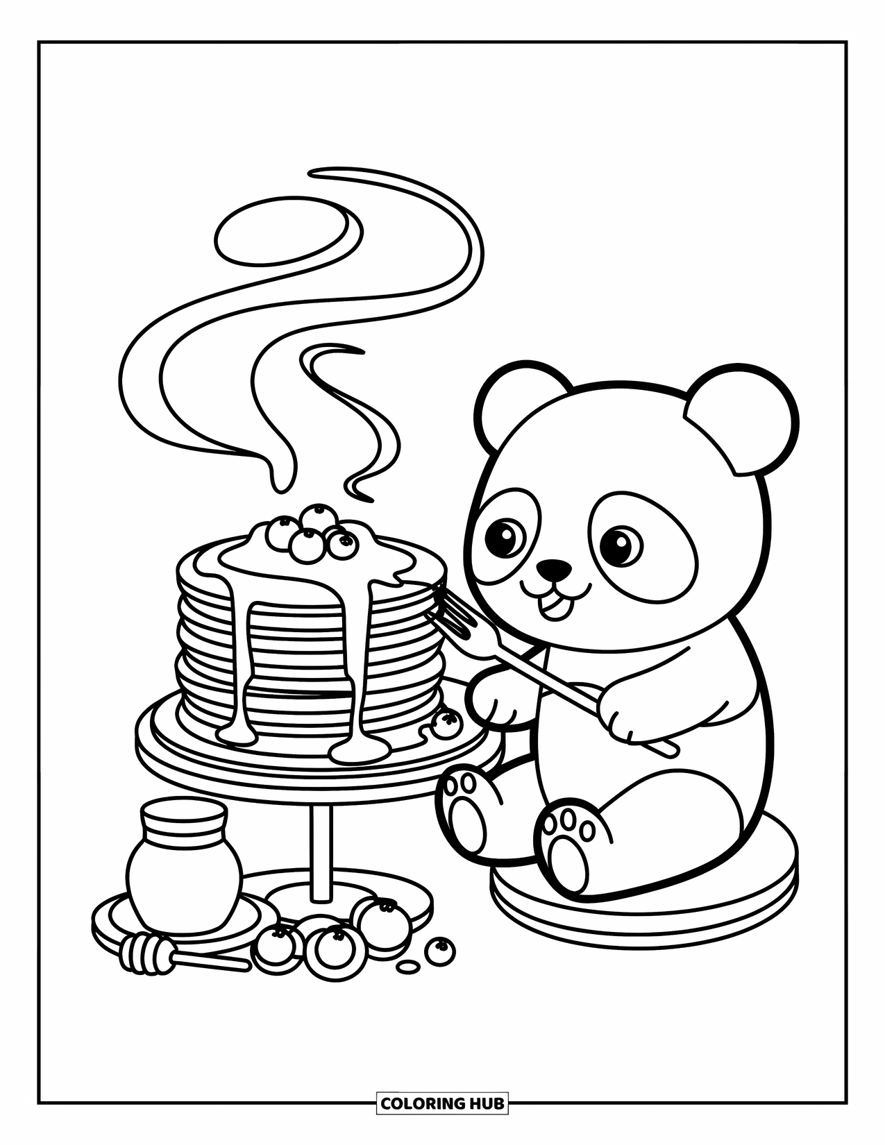 Disegno di un panda da colorare per adulti: Un panda siede a un minuscolo tavolo, tenendo in mano una forchetta e fissando una torreggiante pila di pancake