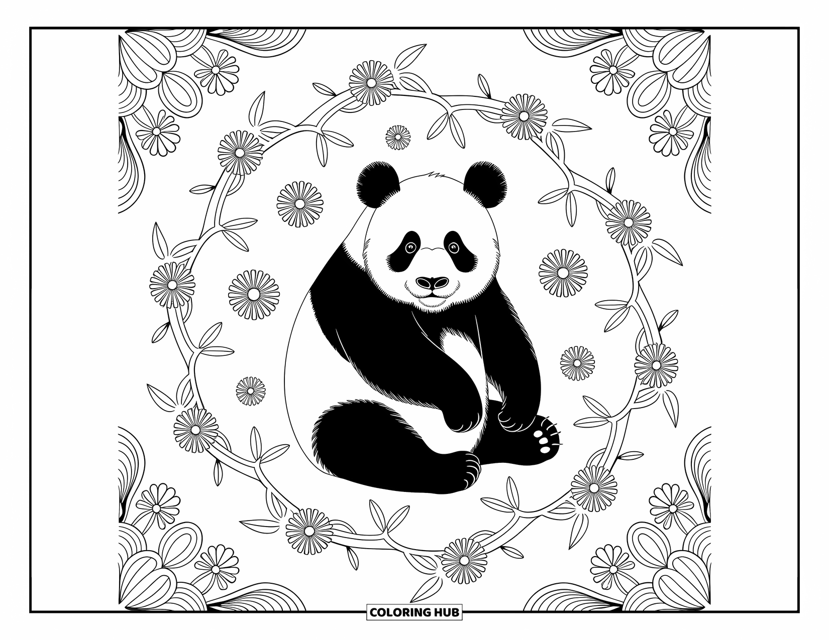 Disegno di panda da colorare per adulti: Un panda si siede al centro di un mandala fatto di viti intrecciate e fiori sbocciati