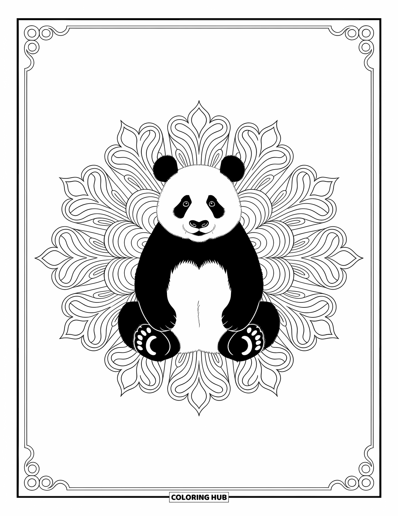 Disegno di panda da colorare per adulti: Un panda si siede al centro di un mandala intricato, circondato da motivi floreali vorticosi