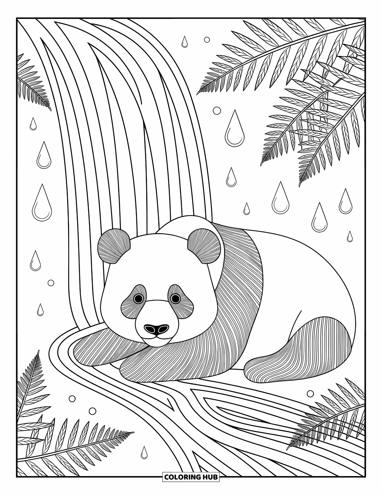 Disegno di panda da colorare per adulti: Un panda si siede tranquillamente sotto una cascata, circondato da delicate felci e acqua che scorre
