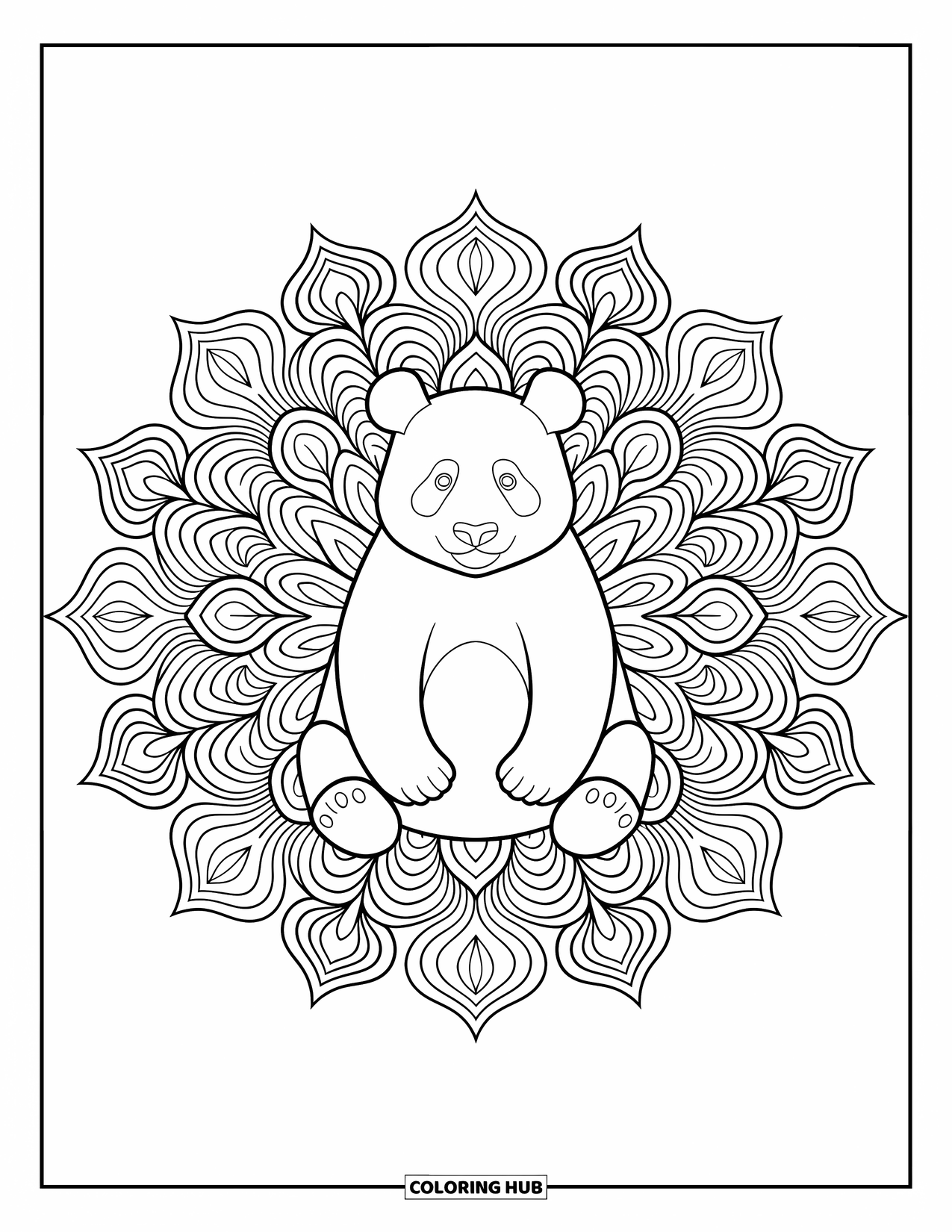 Disegno di panda da colorare per adulti: Un panda si siede tranquillamente all'interno di un elegante mandala, circondato da intricati motivi floreali vorticosi