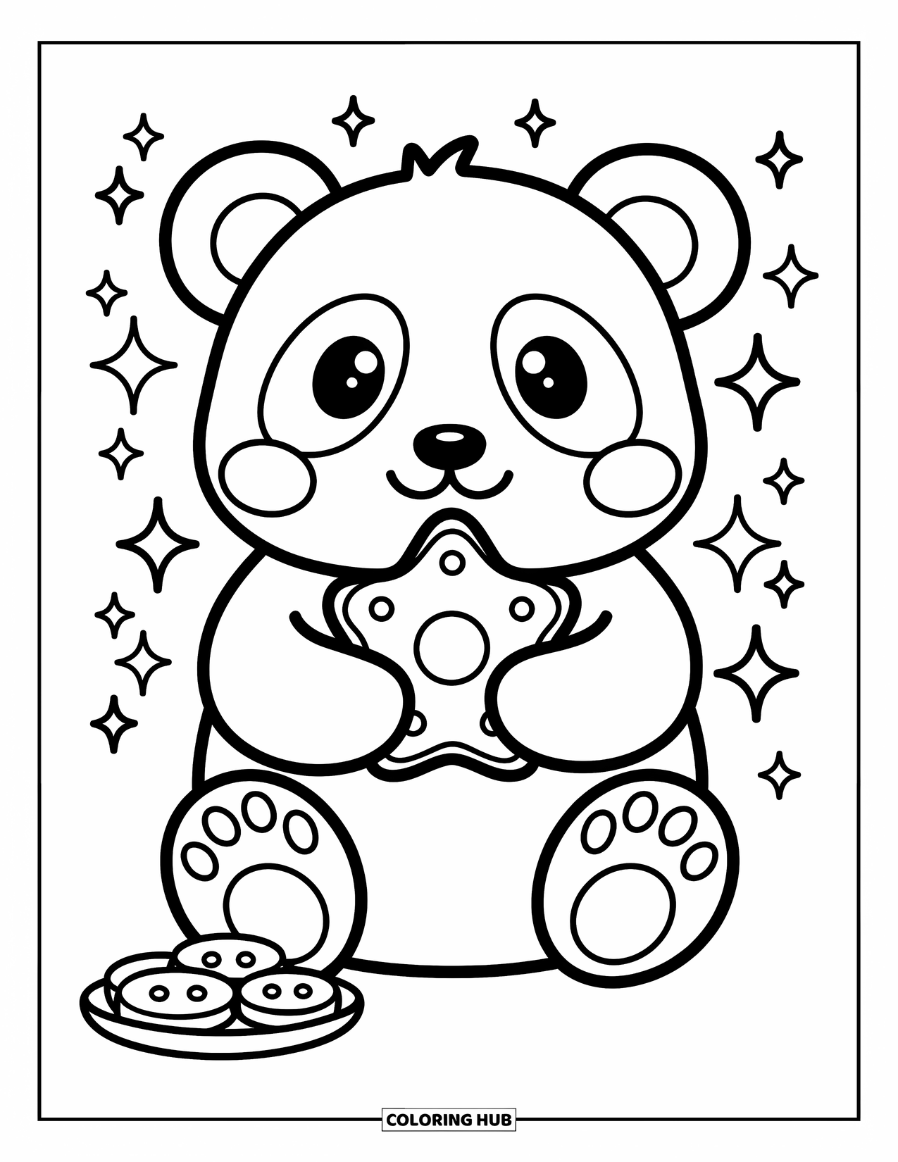 Disegno di un panda da colorare per adulti: Un panda siede felicemente, tenendo in mano un biscotto a forma di stella con entrambe le zampe, circondato da brillantini e dolcetti