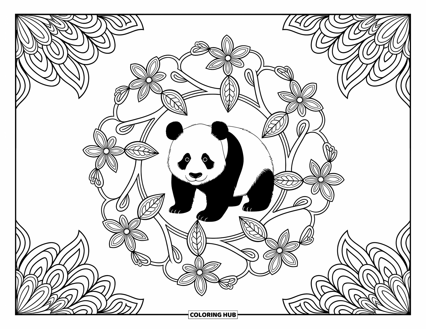 Disegno di panda da colorare per adulti: Un panda si siede al centro di un elegante mandala formato da viti e fiori intrecciati