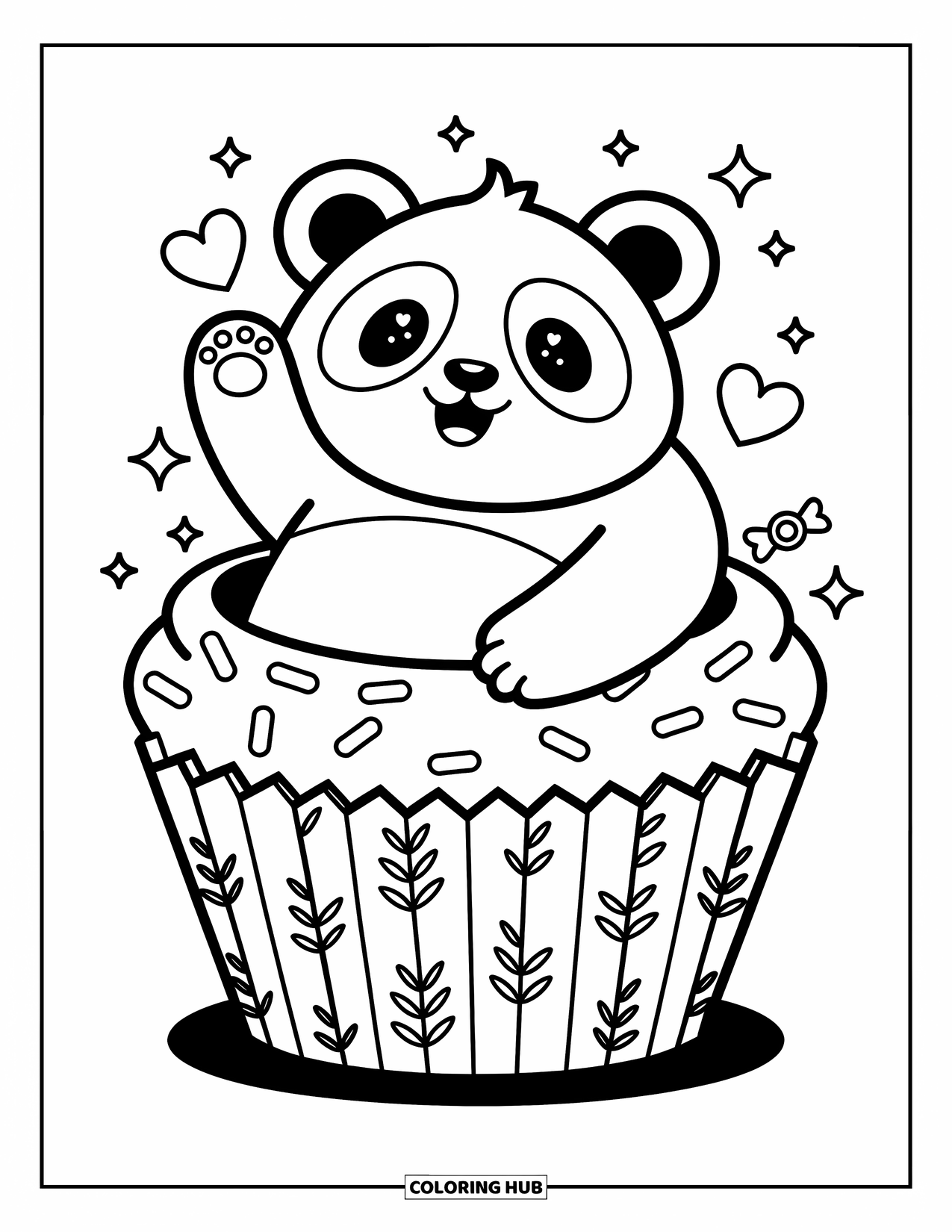 Disegno di un panda da colorare per adulti: Un panda siede all'interno di un cupcake, alzando una zampa mentre è circondato da cuoricini, caramelle e brillantini