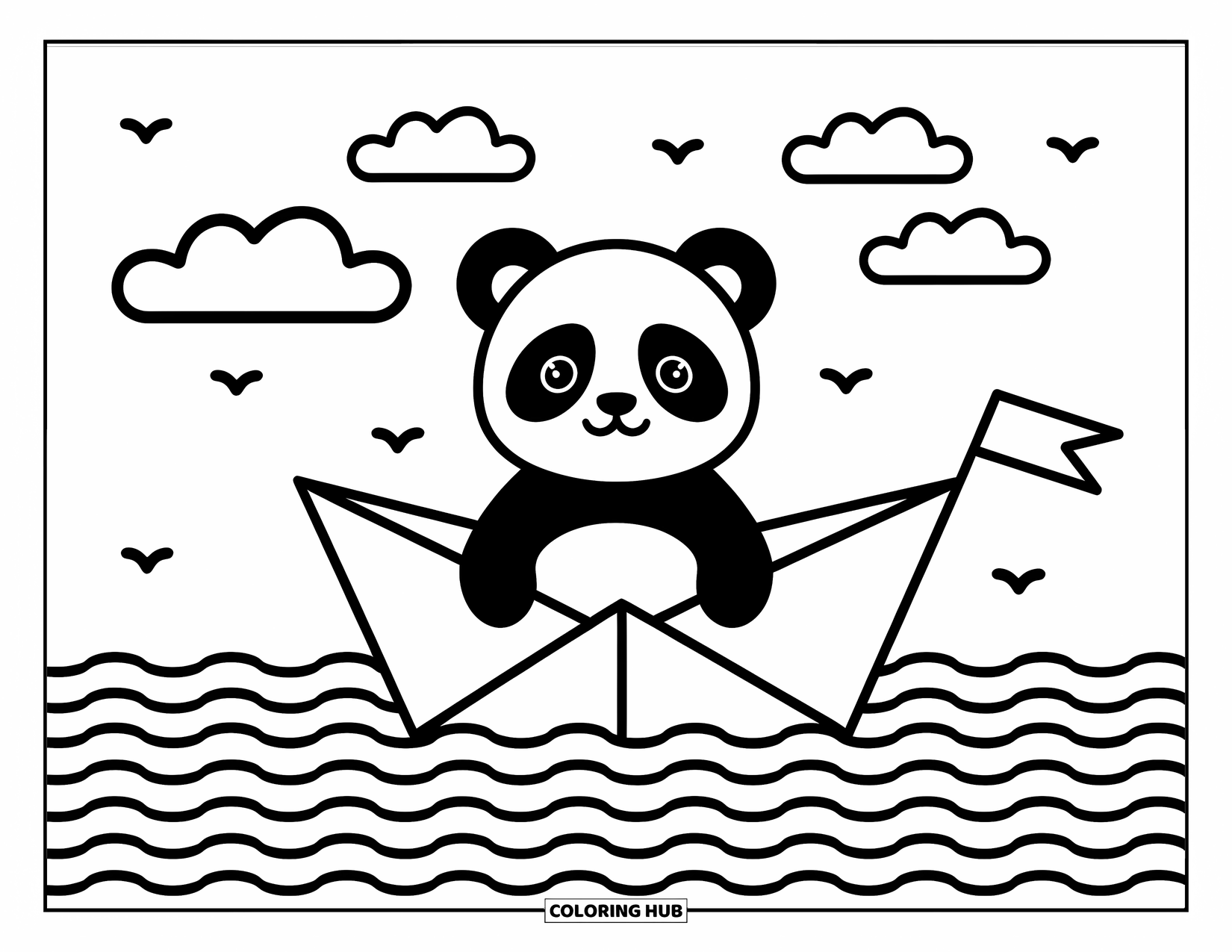 Disegno di un panda da colorare per adulti: Un panda siede all'interno di una barca di carta, tenendo in mano una minuscola bandiera mentre fluttua pacificamente su onde leggere