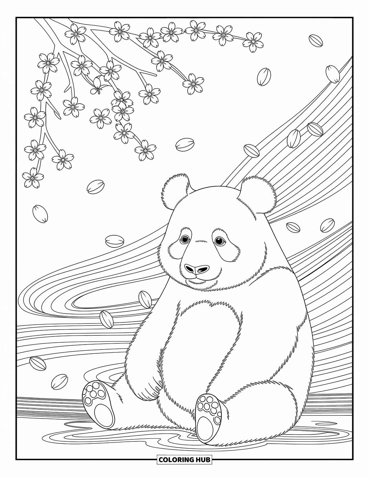 Disegno di panda da colorare per adulti: Un panda si siede pacificamente mentre i fiori di ciliegio fluttuano intorno, trasportati da delicati venti vorticosi