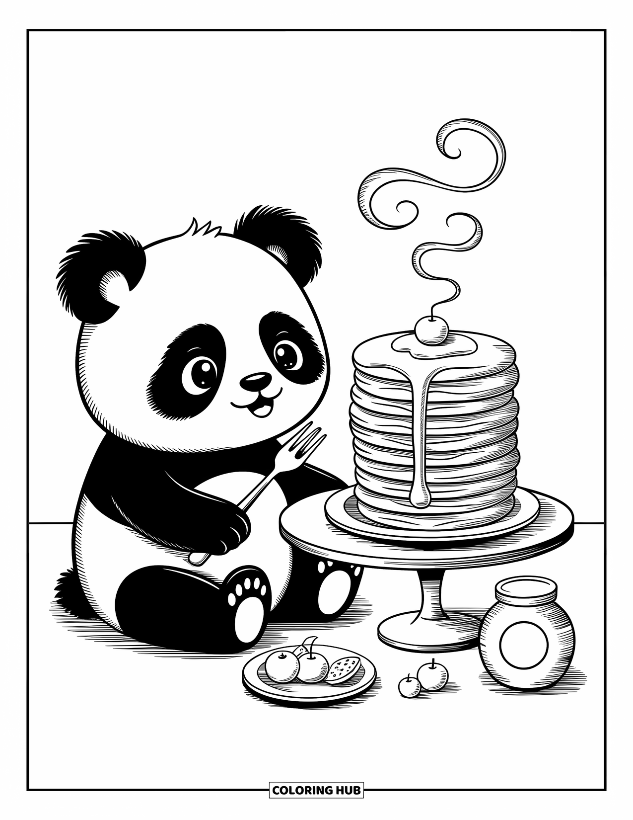 Disegno di un panda da colorare per adulti: Un panda siede con una forchetta, pronto a gustare una soffice pila di pancake con miele e frutta