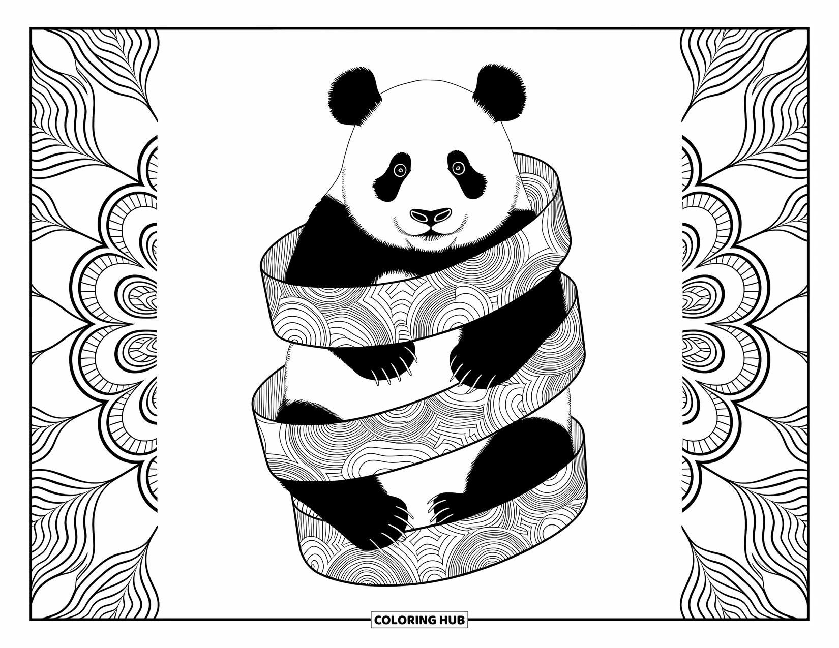 Disegno di panda da colorare per adulti: Un panda si siede all'interno di nastri geometrici fluenti, circondato da motivi dettagliati e simmetria artistica